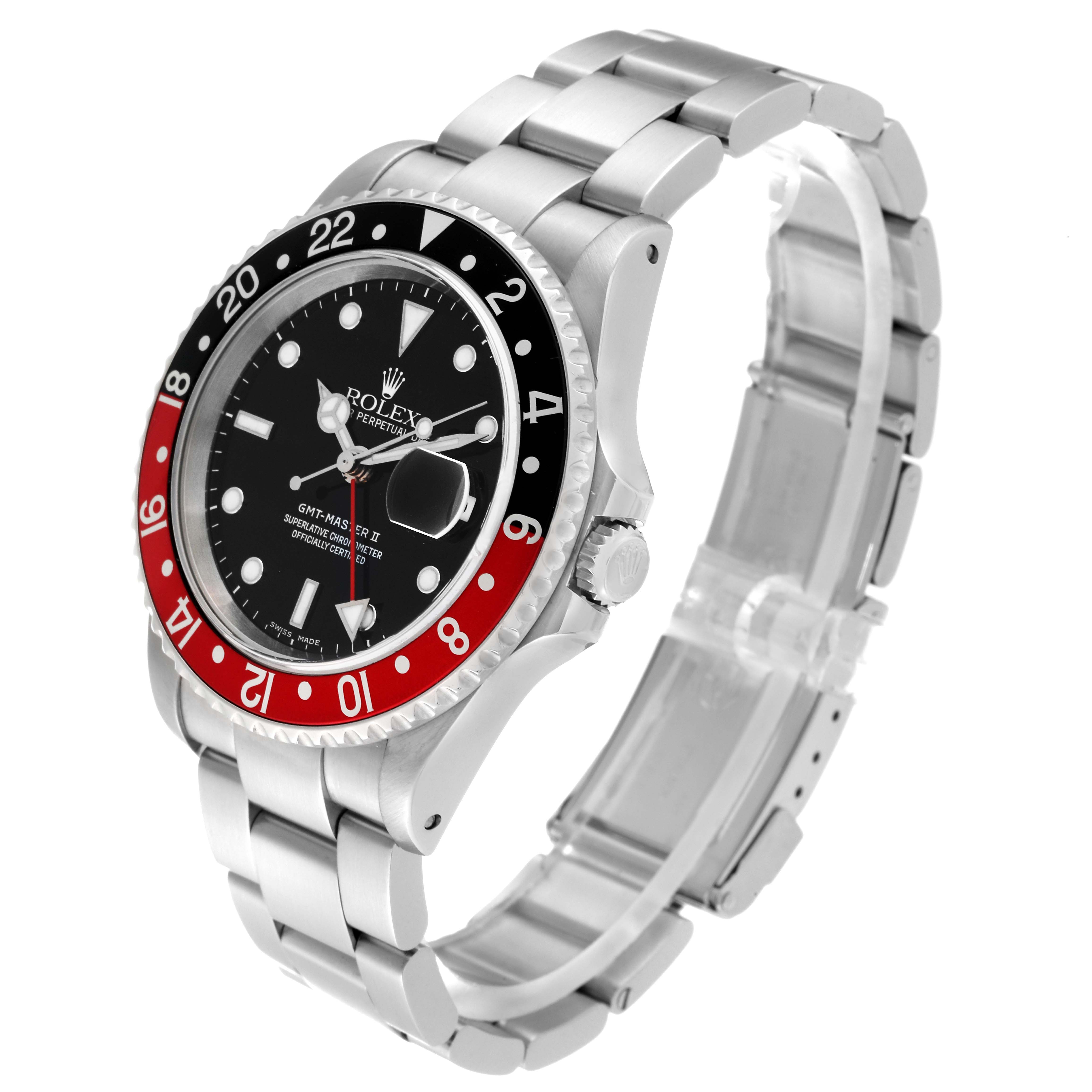 This image shows a side view of a Rolex GMT-Master 16710 Men
s Stainless Steel Black Dial 16710 Men
s Stainless Steel Black Dial II watch, featuring its bezel, dial, crown, and bracelet.