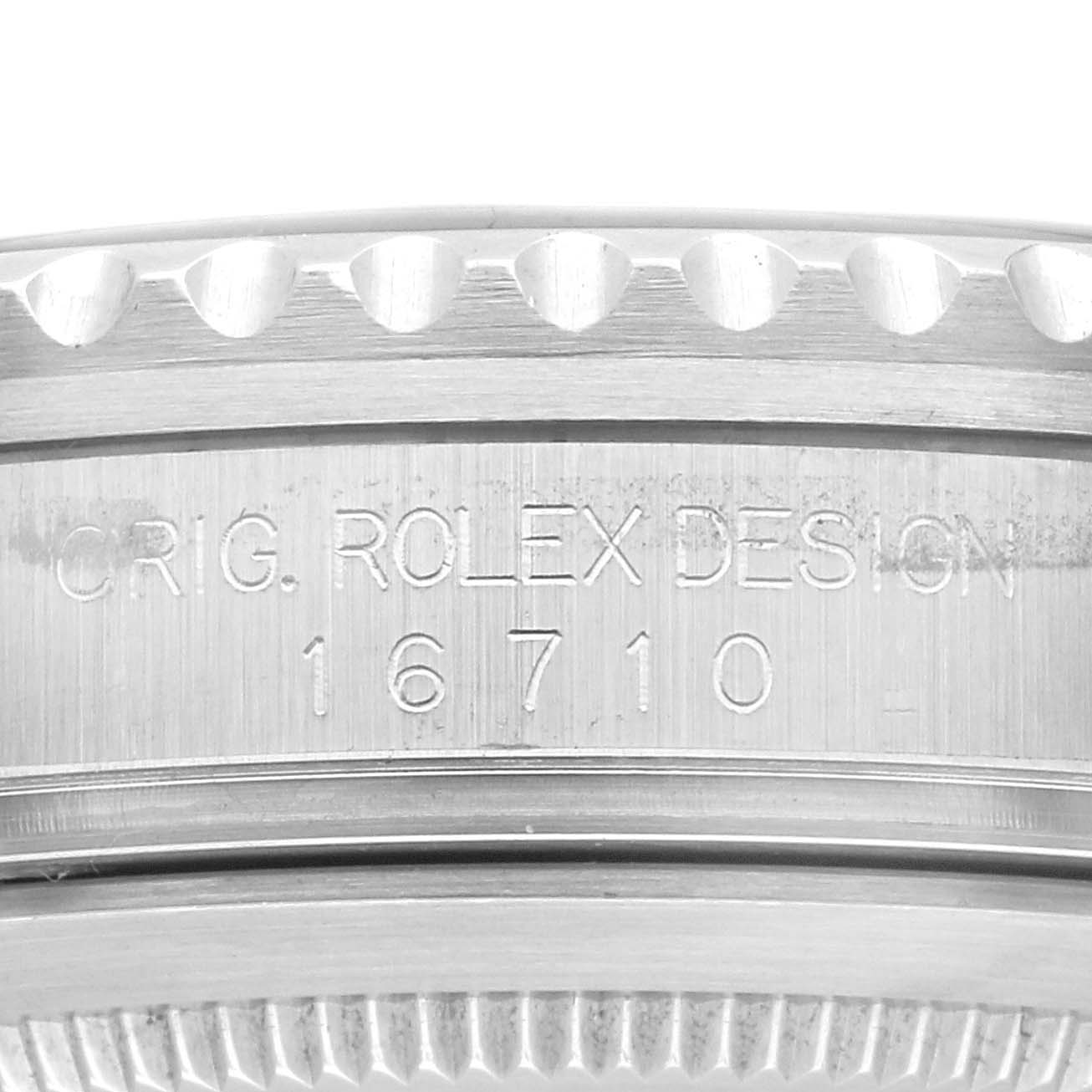 This image shows a close-up of the side of a Rolex GMT-Master 16710 Men
s Stainless Steel Black Dial 16710 Men
s Stainless Steel Black Dial watch casing, displaying model number 16710.