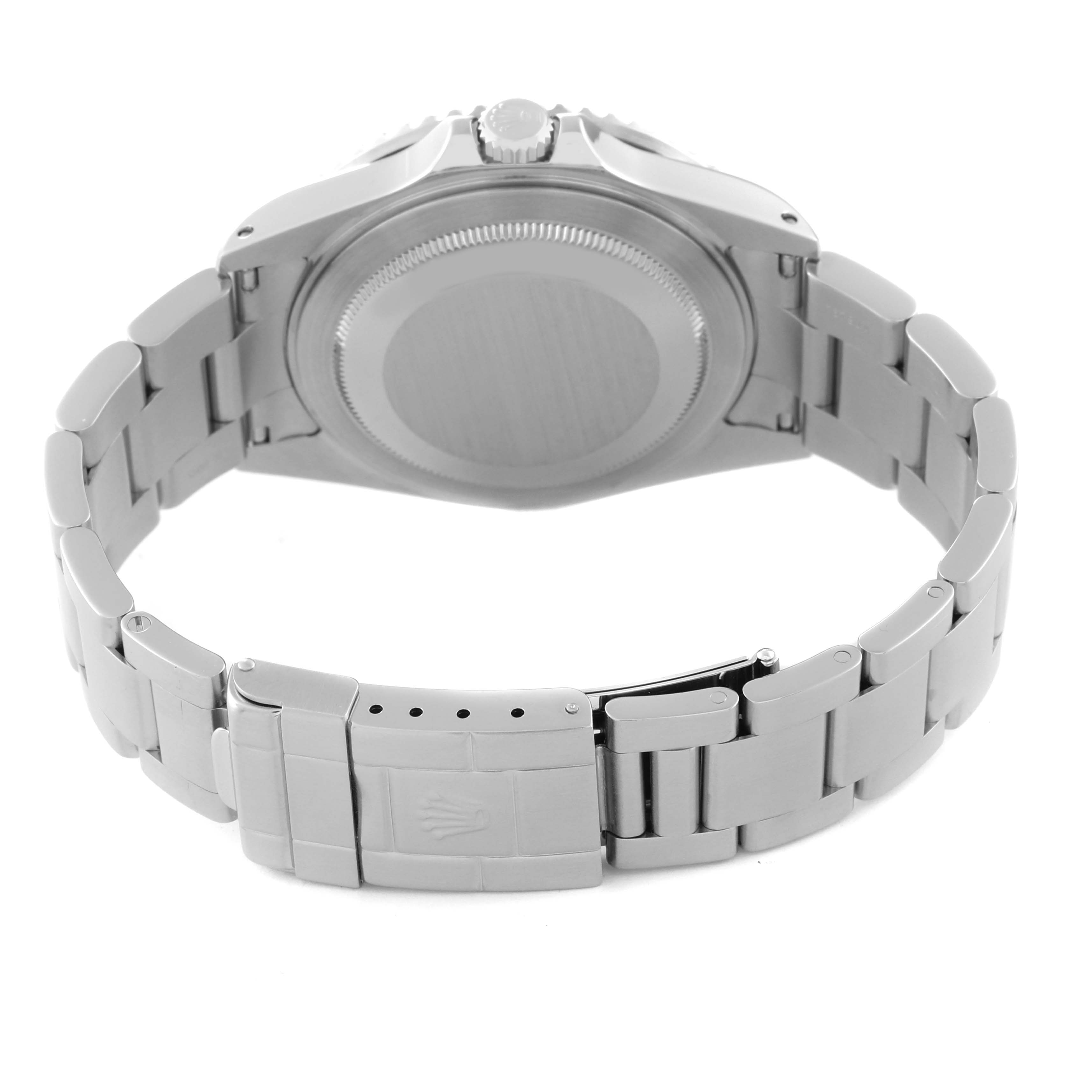 The image shows the back view of a Rolex GMT-Master 16710 Men's Stainless Steel Black Dial 16710 Men's Stainless Steel Black Dial watch, highlighting the case back and the metal bracelet with the clasp.