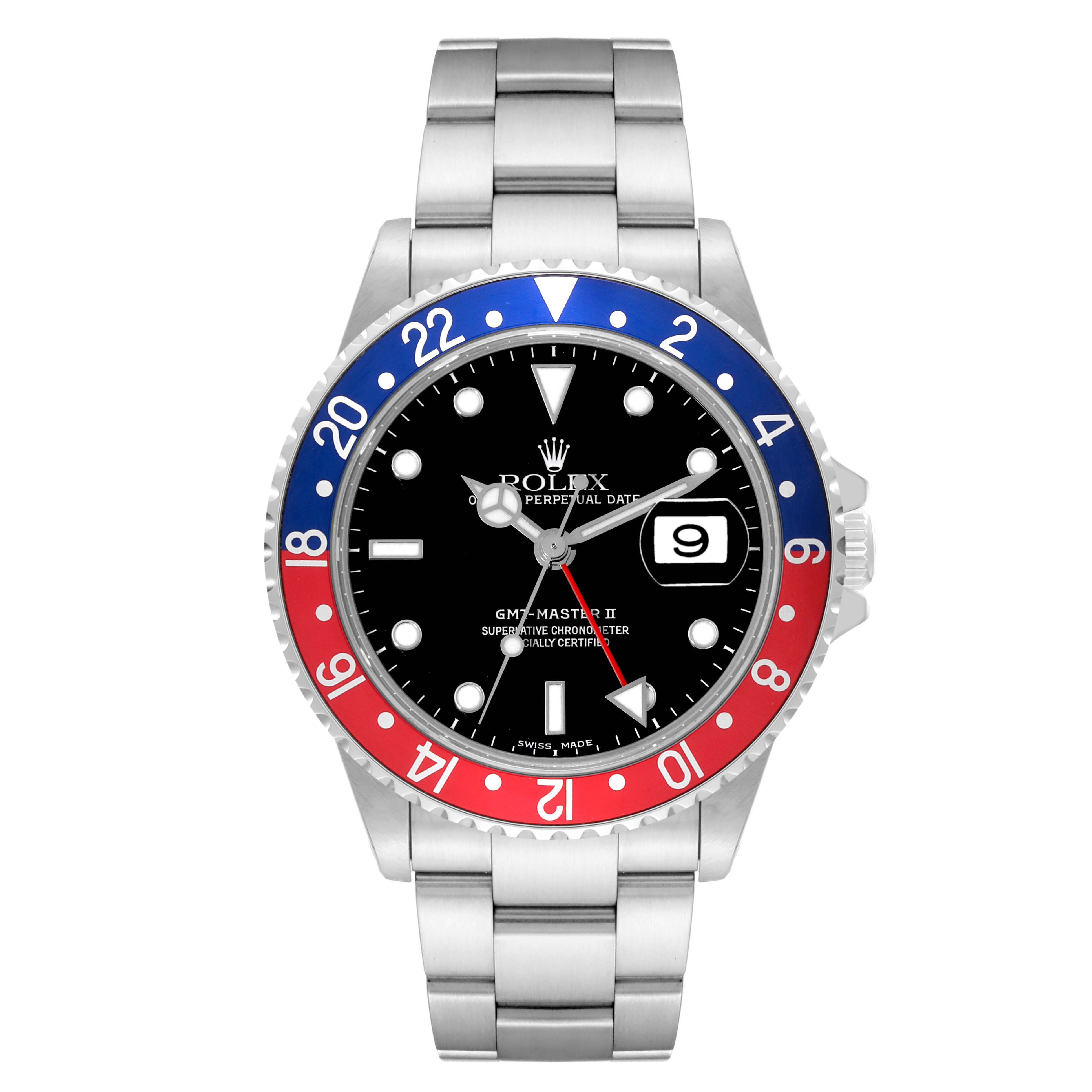 This image shows a front view of the Rolex GMT-Master 16710 Men's Stainless Steel Black Dial 16710 Men's Stainless Steel Black Dial II watch, highlighting its dial, bezel, and bracelet.
