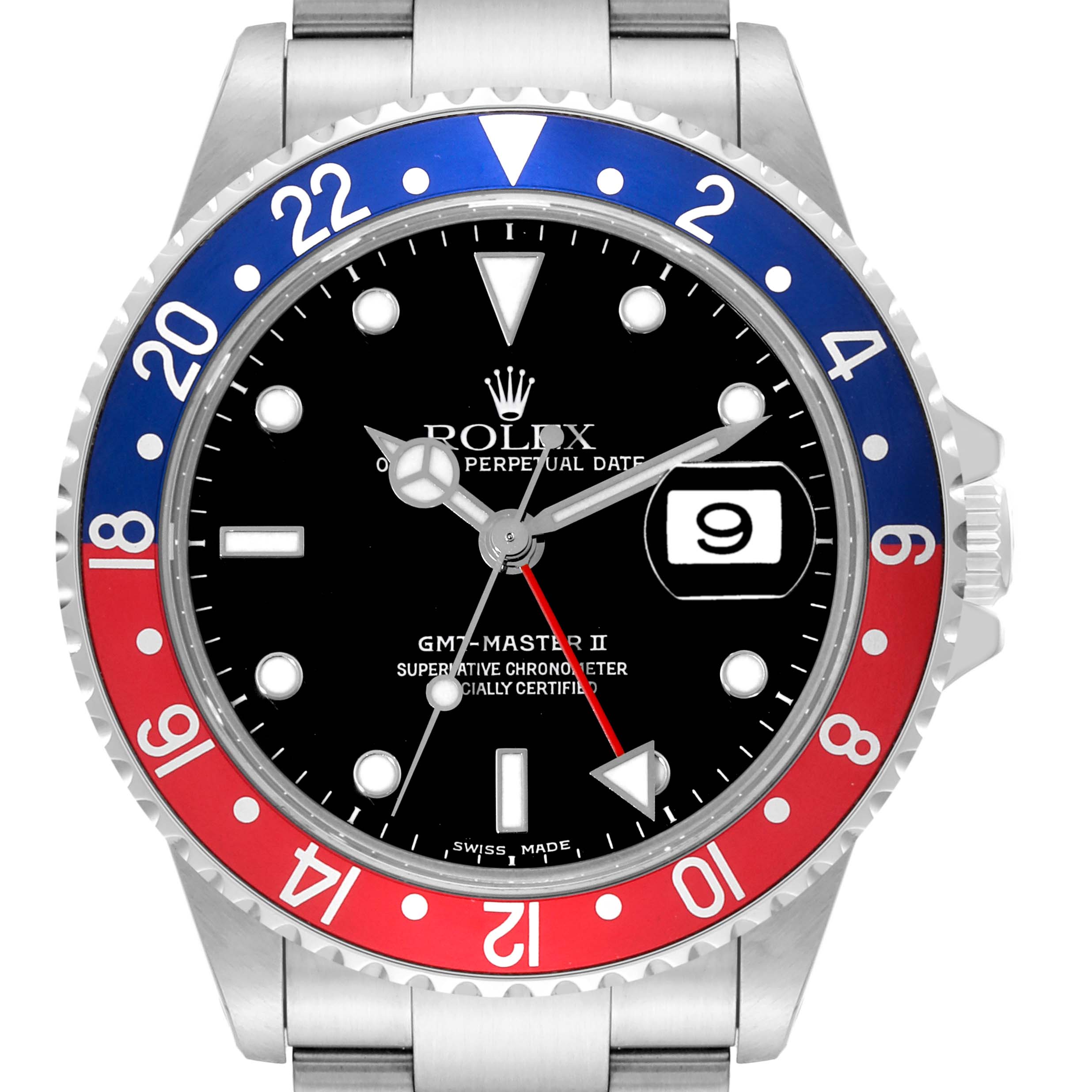 The image shows a frontal view of a Rolex GMT-Master 16710 Men's Stainless Steel Black Dial 16710 Men's Stainless Steel Black Dial II watch, featuring a red and blue bezel and date display.