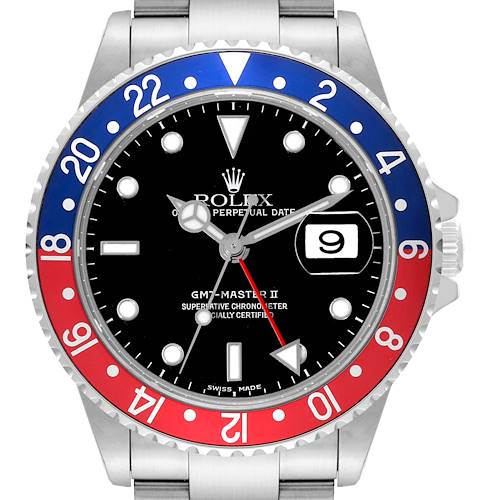 This Rolex GMT-Master II watch is shown from the front, highlighting its bezel, dial, date window, and hands.