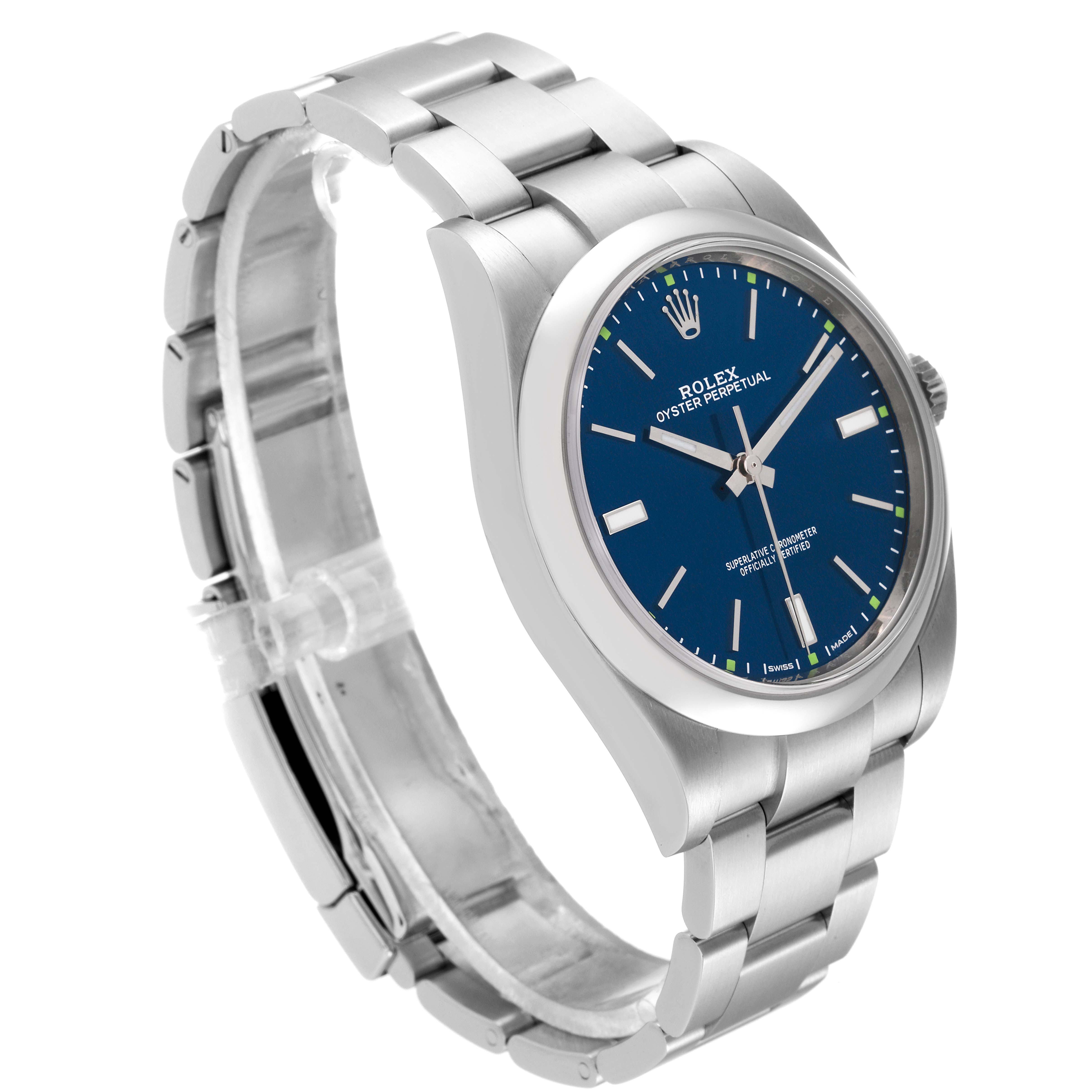 The Rolex Oyster Perpetual 114300 Men's Stainless Steel Blue Dial 114300 Men's Stainless Steel Blue Dial watch is shown at a slight angle, displaying the face, bracelet, and clasp.