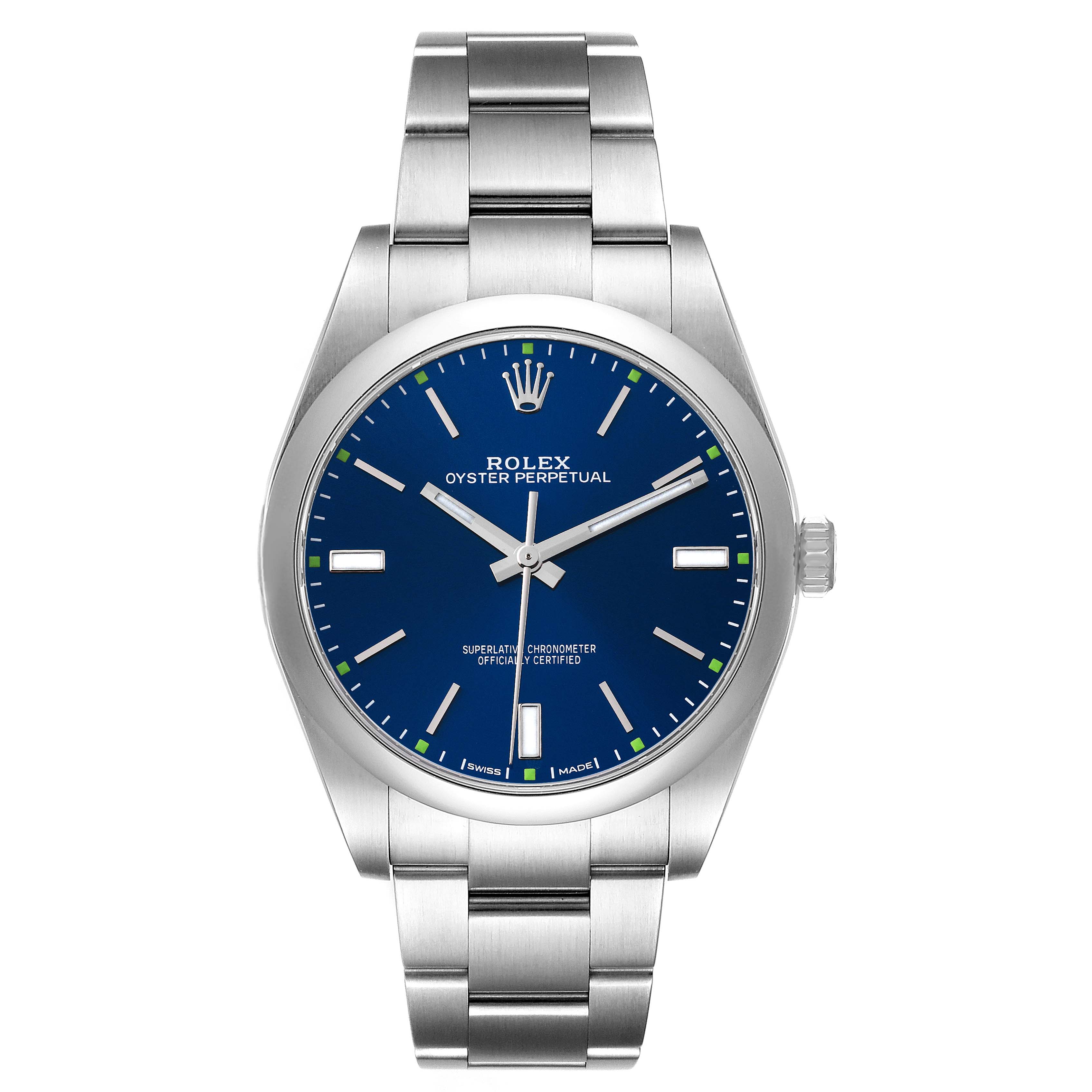 The image shows a front view of a Rolex Oyster Perpetual 114300 Men's Stainless Steel Blue Dial 114300 Men's Stainless Steel Blue Dial watch, featuring its blue dial and stainless steel bracelet.