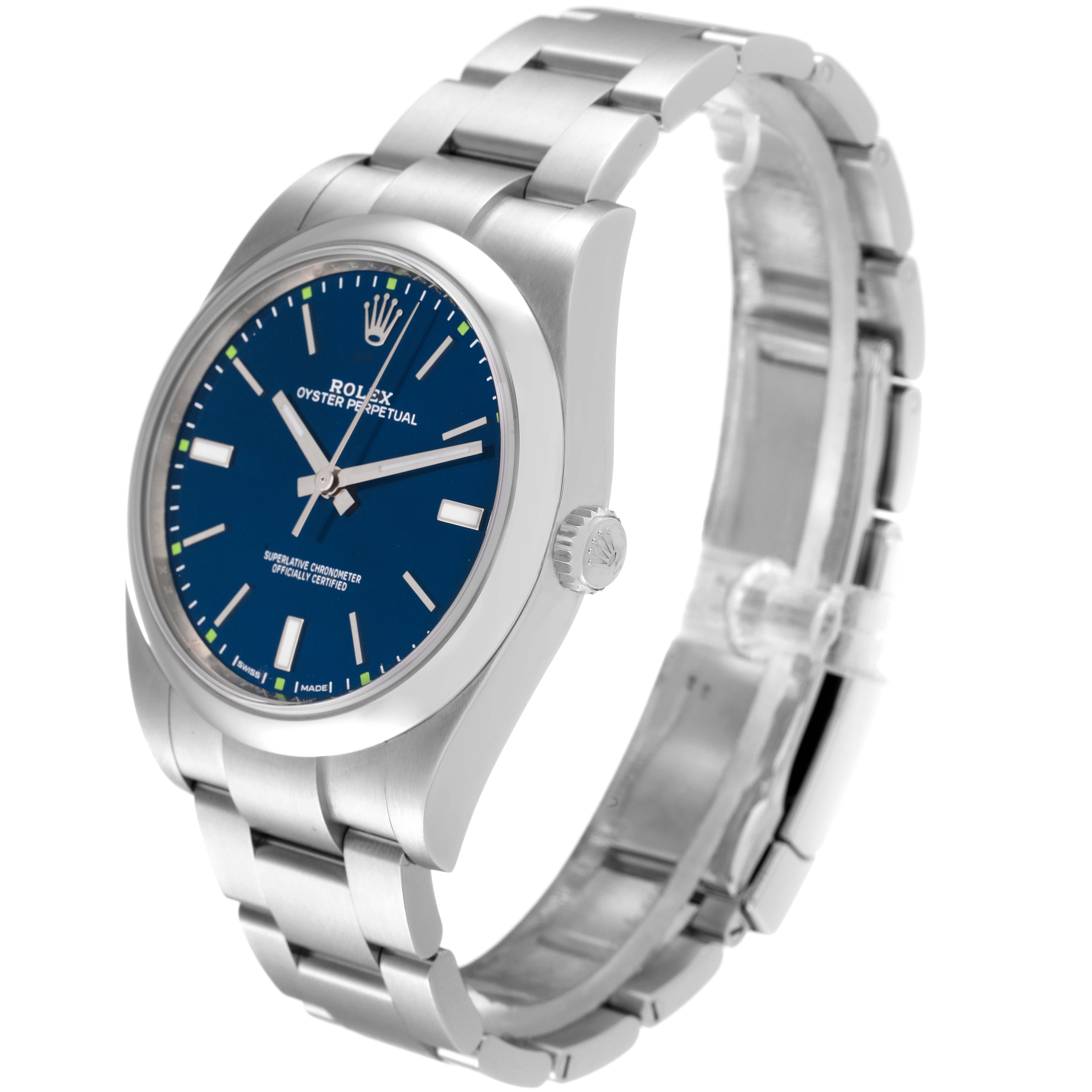 The Rolex Oyster Perpetual 114300 Men's Stainless Steel Blue Dial 114300 Men's Stainless Steel Blue Dial watch is shown at an angle highlighting the blue dial, stainless steel case, and bracelet.