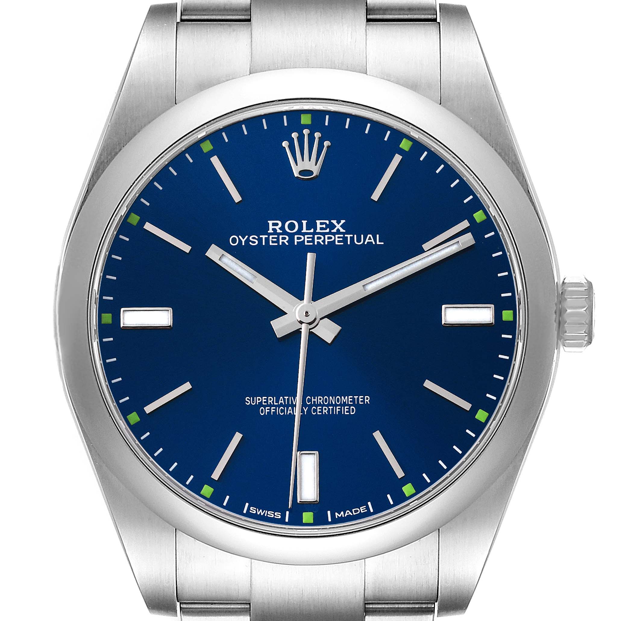 The image shows a frontal view of a Rolex Oyster Perpetual 114300 Men's Stainless Steel Blue Dial 114300 Men's Stainless Steel Blue Dial watch with a blue dial and silver bracelet.