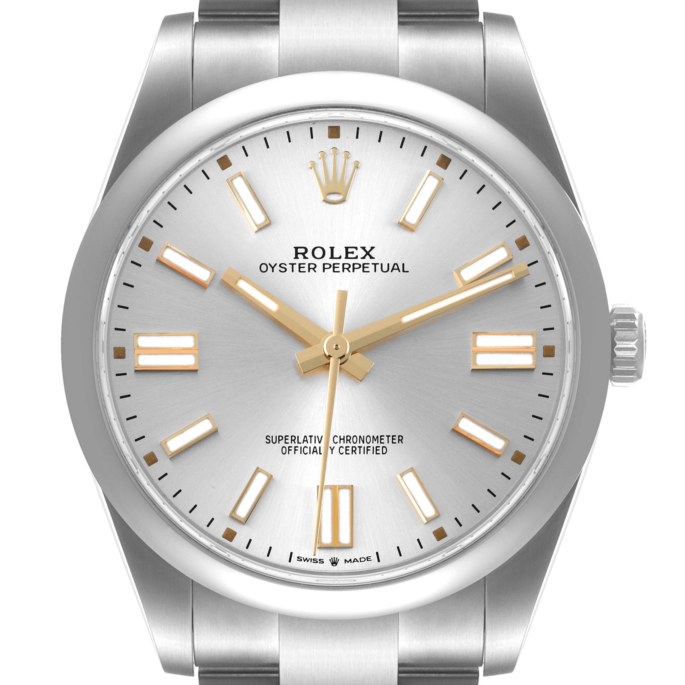 The Rolex Oyster Perpetual 124300 Men's Stainless Steel Silver Dial 124300 Men's Stainless Steel Silver Dial watch is shown from a front angle, displaying the dial, hands, markers, and part of the bracelet.