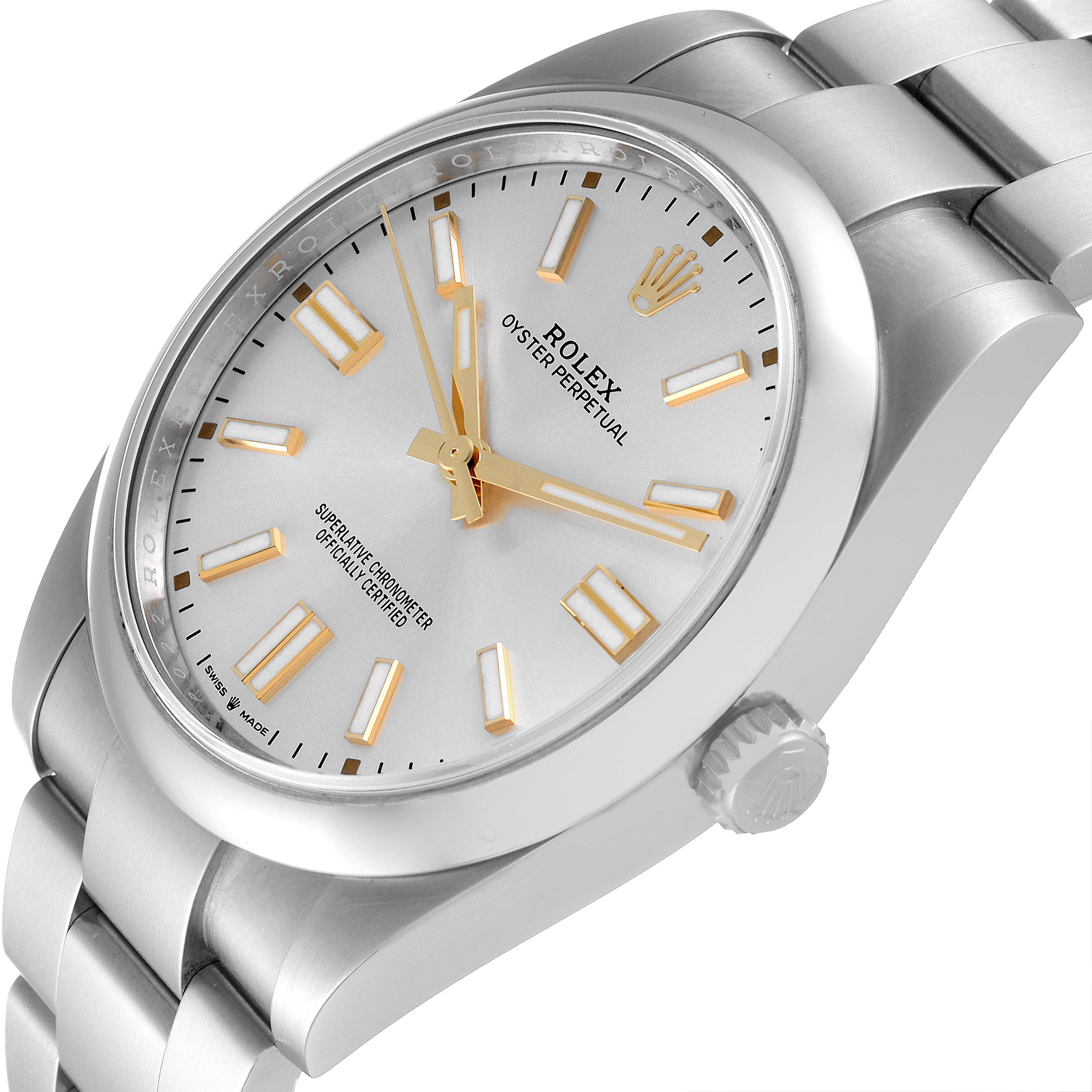The Rolex Oyster Perpetual 124300 Men's Stainless Steel Silver Dial 124300 Men's Stainless Steel Silver Dial watch is shown at a slight side angle, displaying the face, bracelet, and crown.