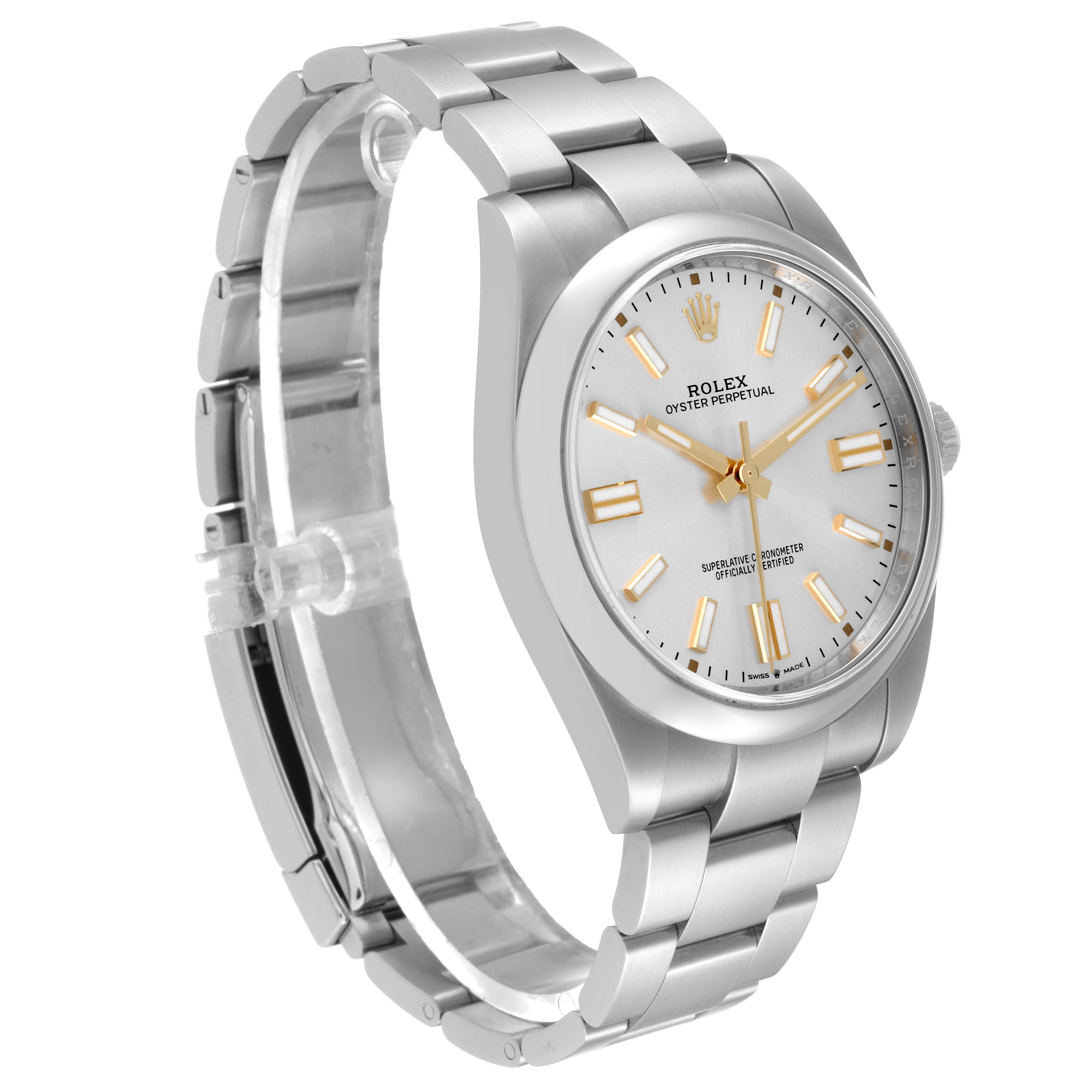 The image shows a side angle view of a Rolex Oyster Perpetual 124300 Men's Stainless Steel Silver Dial 124300 Men's Stainless Steel Silver Dial watch, highlighting its dial, bracelet, and clasp.