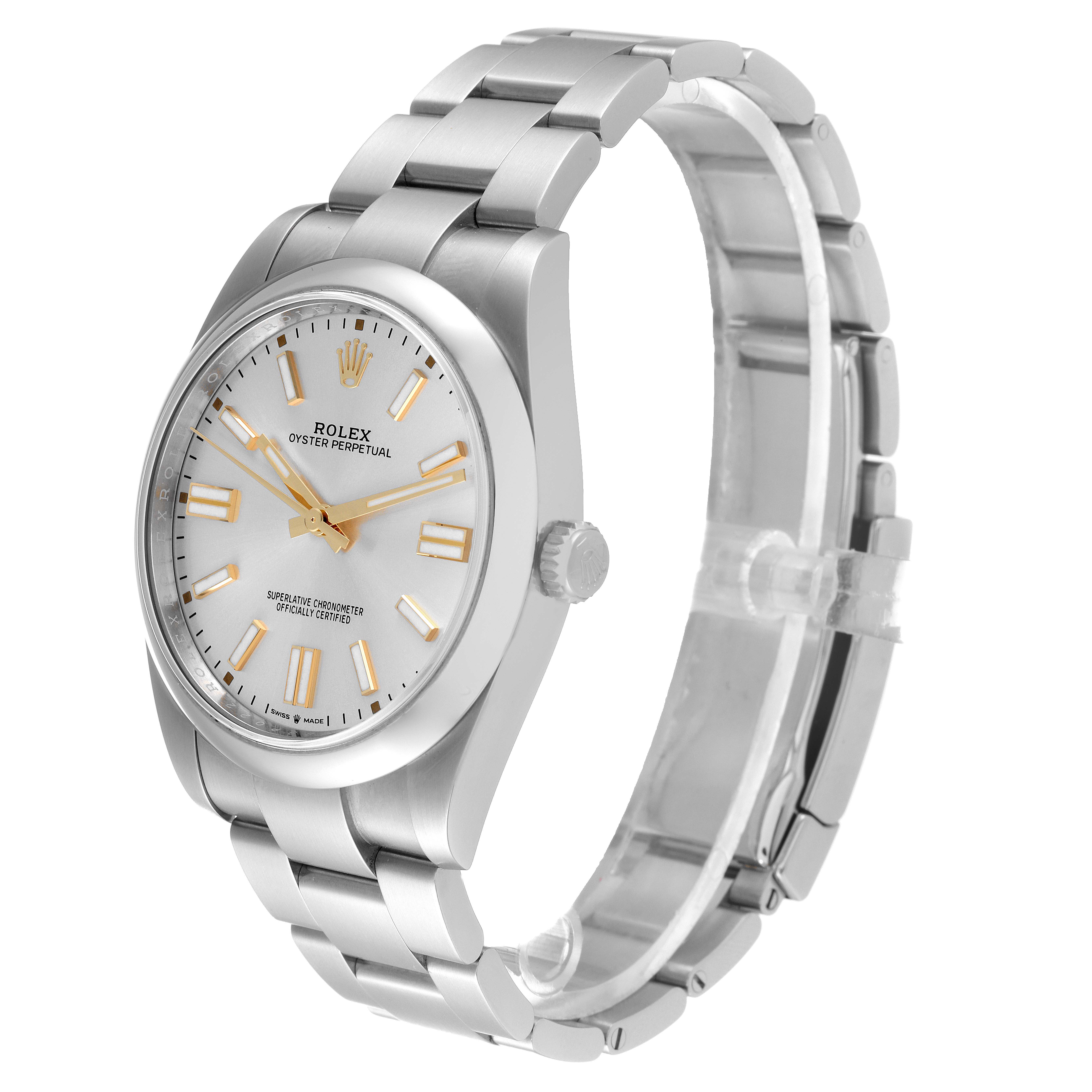 The image shows a slight side angle of the Rolex Oyster Perpetual 124300 Men's Stainless Steel Silver Dial 124300 Men's Stainless Steel Silver Dial watch, highlighting its face, bezel, and part of the bracelet.