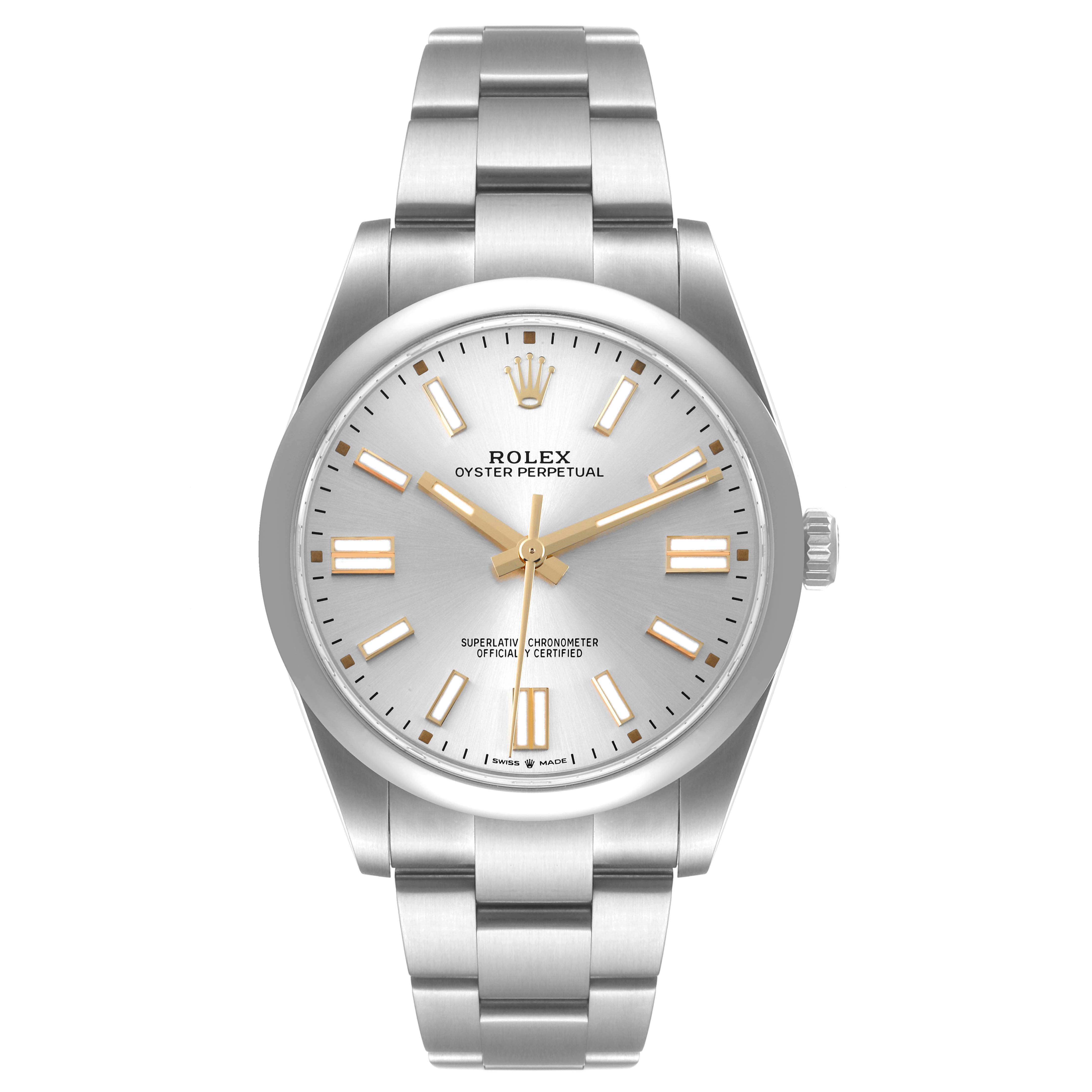 This image shows a front view of a Rolex Oyster Perpetual 124300 Men's Stainless Steel Silver Dial 124300 Men's Stainless Steel Silver Dial watch, detailing its dial, hands, and bracelet.