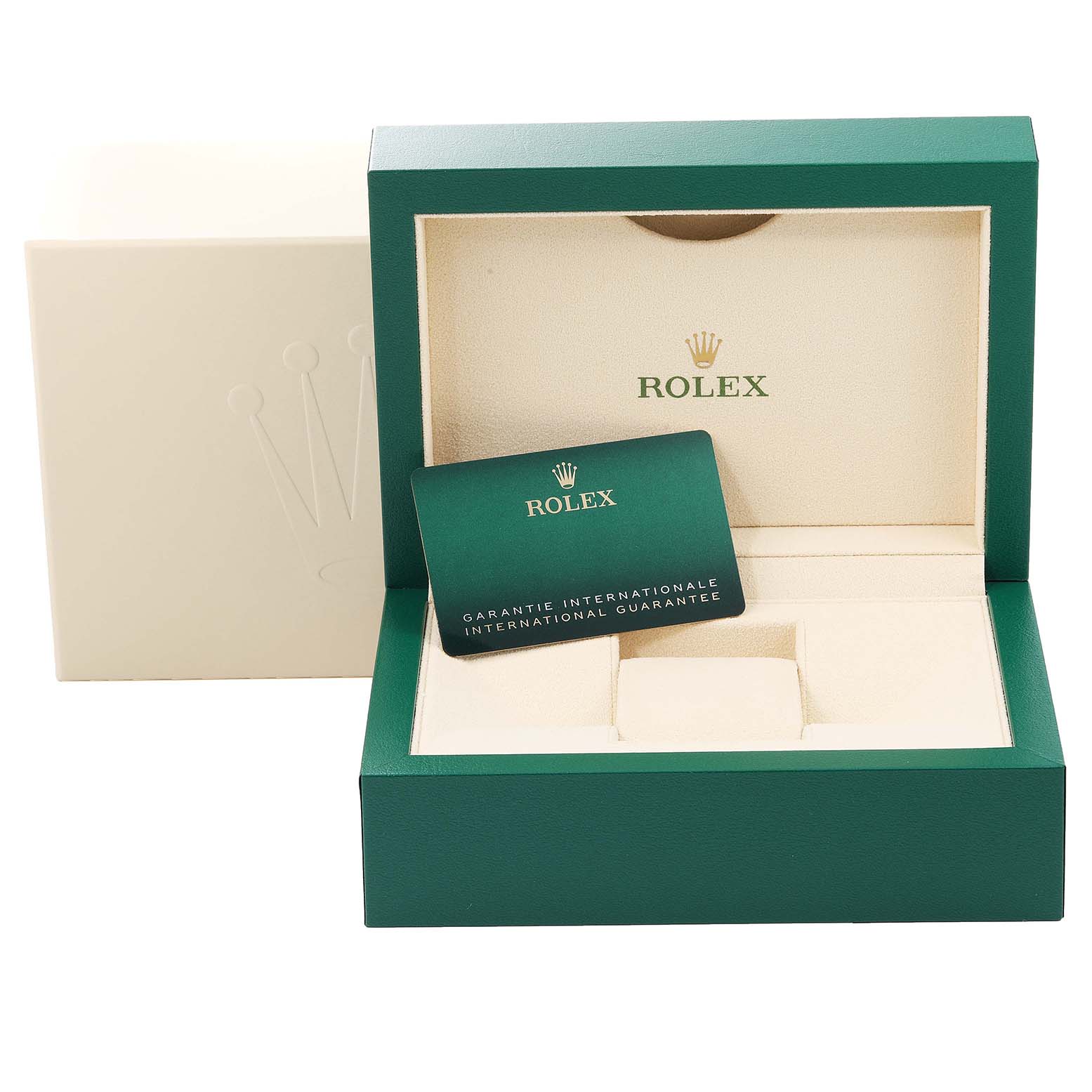 The image shows the open case and international guarantee card of a Rolex Oyster Perpetual 124300 Men's Stainless Steel Silver Dial 124300 Men's Stainless Steel Silver Dial watch.
