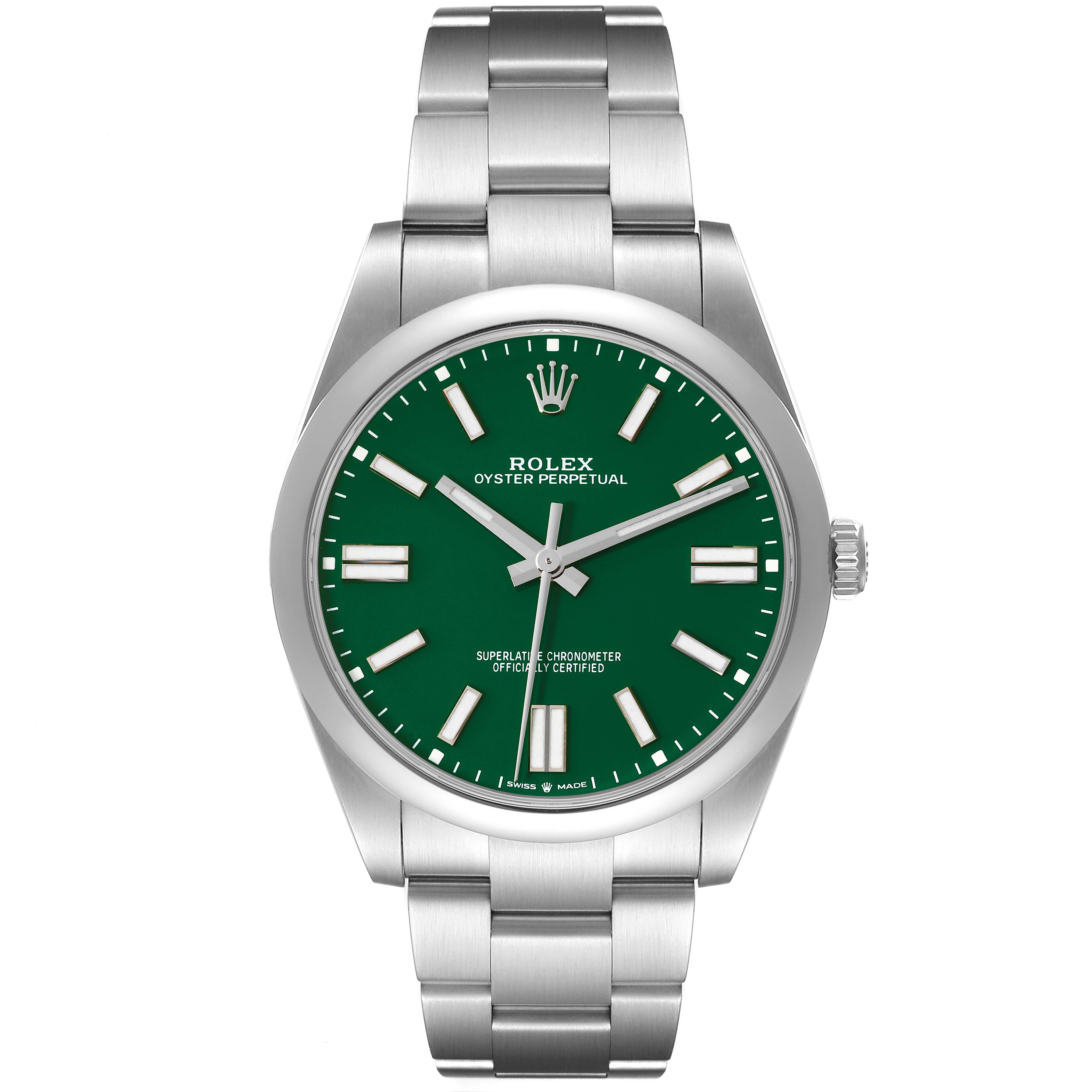 The Rolex Oyster Perpetual 124300 Men
s Stainless Steel Green Dial 124300 Men
s Stainless Steel Green Dial watch is shown from the front, displaying its green dial, case, and bracelet.
