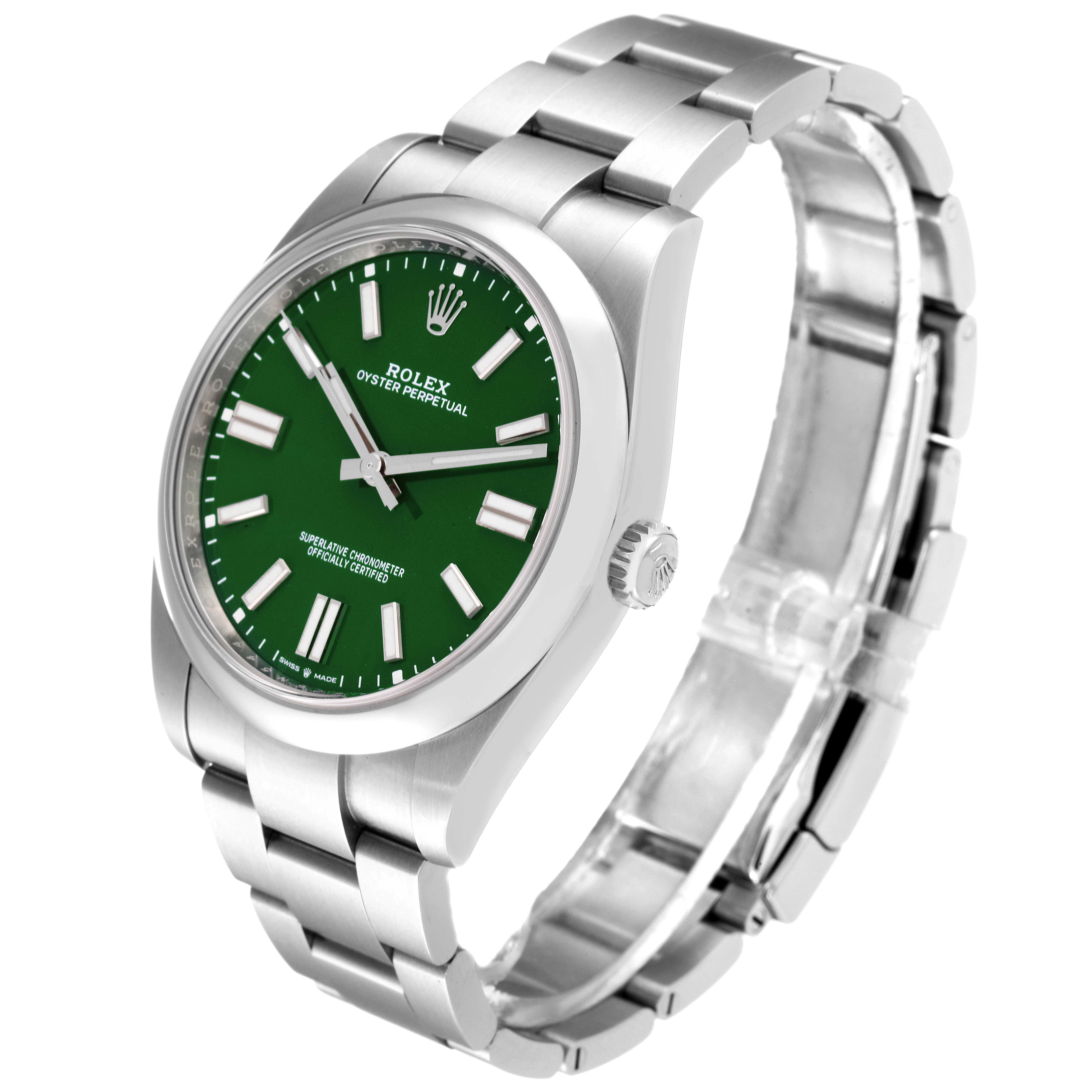 The image shows a Rolex Oyster Perpetual 124300 Men
s Stainless Steel Green Dial 124300 Men
s Stainless Steel Green Dial watch with a green dial, viewed from a three-quarter angle.