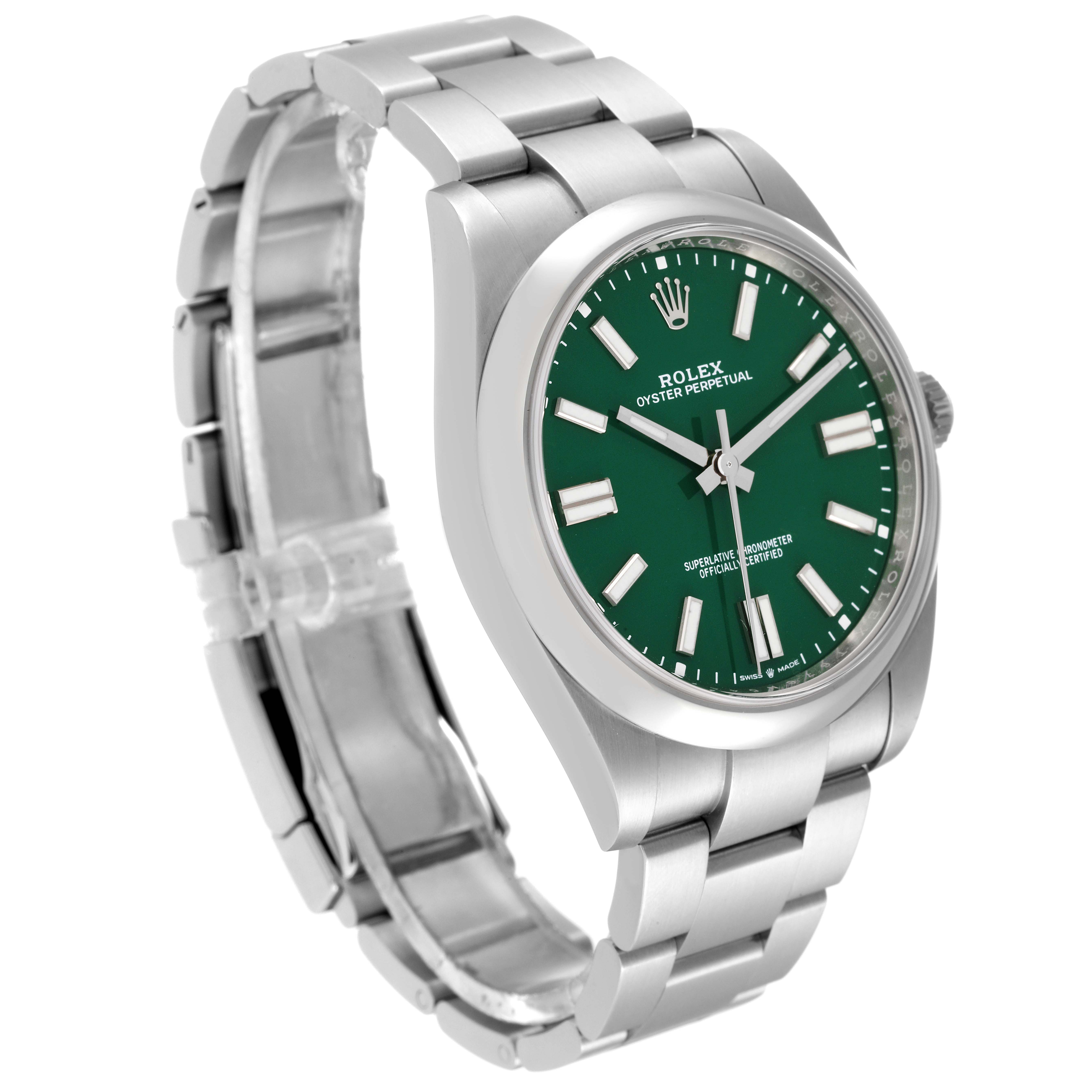 The image shows a Rolex Oyster Perpetual 124300 Men
s Stainless Steel Green Dial 124300 Men
s Stainless Steel Green Dial watch at an angle, highlighting its green dial, stainless steel case, and bracelet.