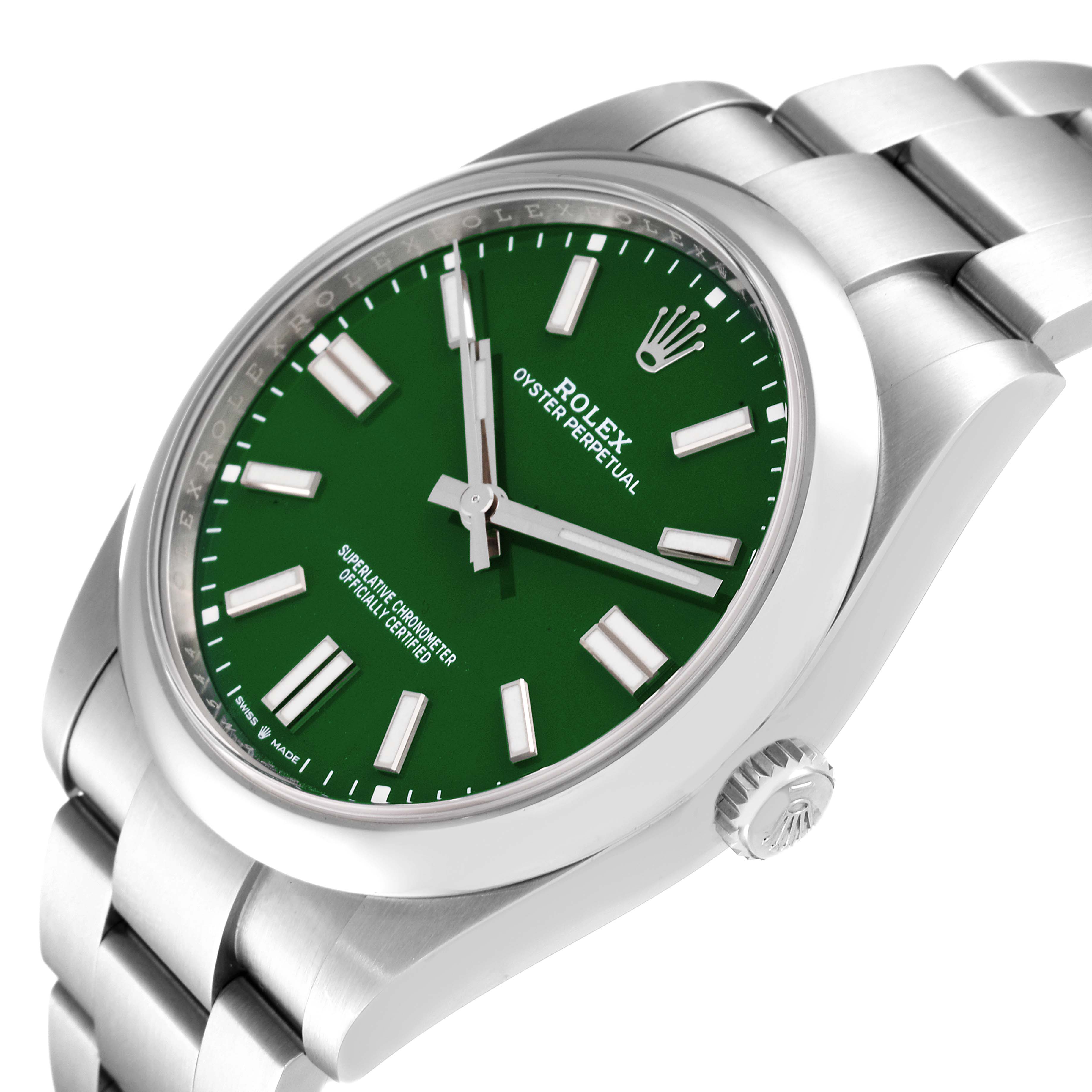 The image shows a Rolex Oyster Perpetual 124300 Men
s Stainless Steel Green Dial 124300 Men
s Stainless Steel Green Dial watch at an angle revealing the green dial, crown, and part of the stainless steel bracelet.