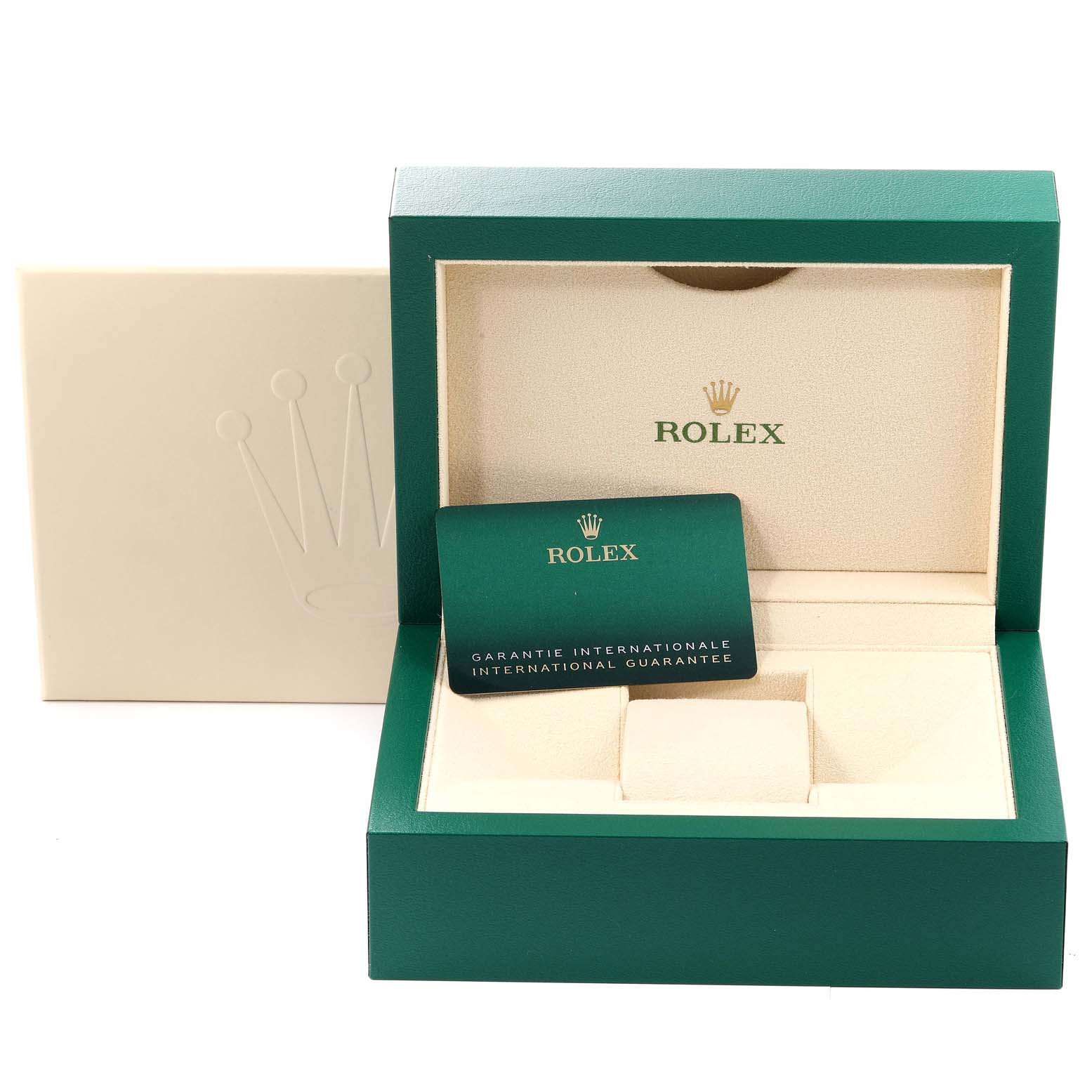 The image shows an open box for a Rolex Oyster Perpetual 124300 Men
s Stainless Steel Green Dial 124300 Men
s Stainless Steel Green Dial watch, displaying the interior and guarantee card.