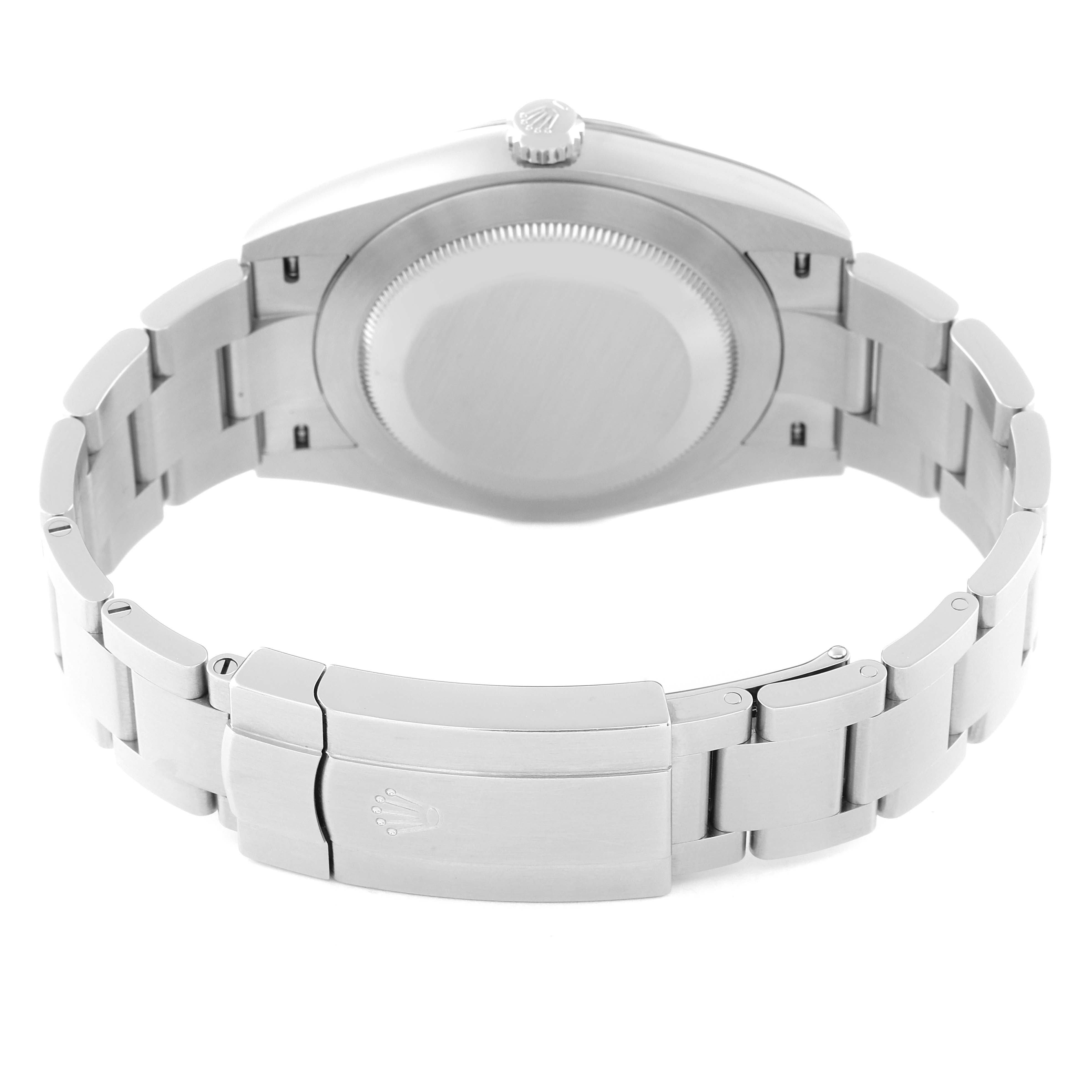 This image shows the back view of a Rolex Oyster Perpetual 124300 Men
s Stainless Steel Green Dial 124300 Men
s Stainless Steel Green Dial watch, highlighting the clasp and bracelet.