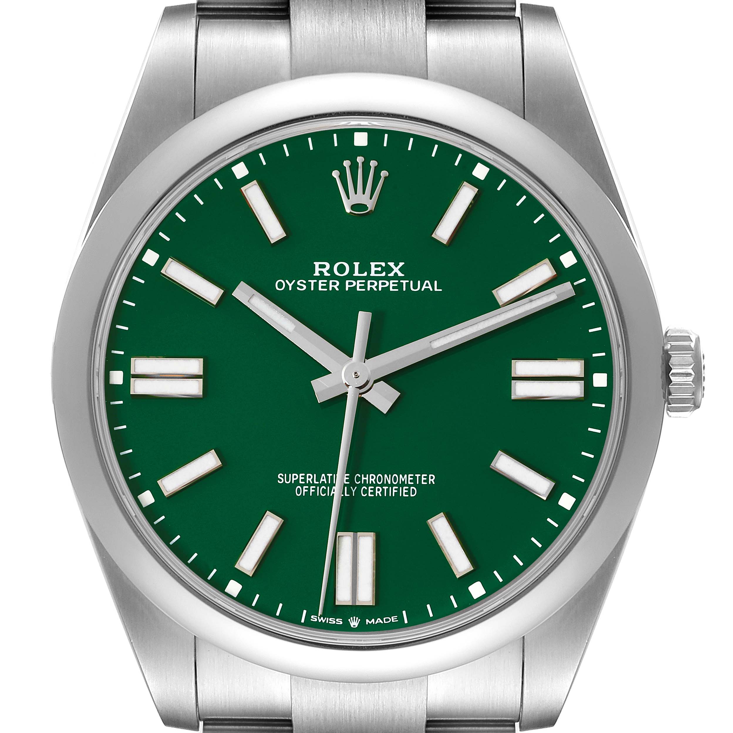This image shows a front view of the Rolex Oyster Perpetual 124300 Men
s Stainless Steel Green Dial 124300 Men
s Stainless Steel Green Dial watch, showcasing its green dial and stainless steel case.