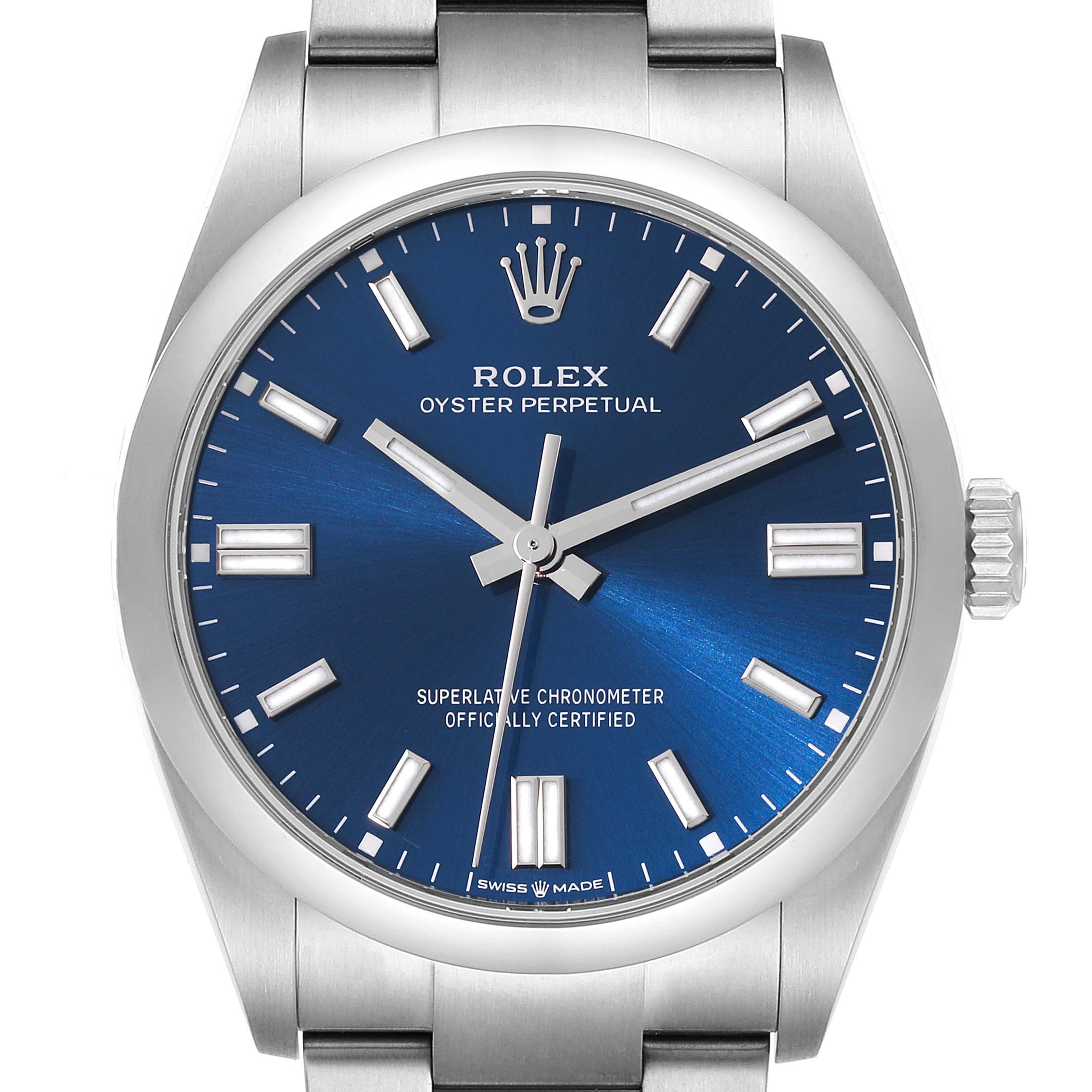 This is a close-up of a Rolex Oyster Perpetual 126000 Men
s Stainless Steel Blue Dial 126000 Men
s Stainless Steel Blue Dial watch showing its blue dial, hands, markers, and part of the metal bracelet.