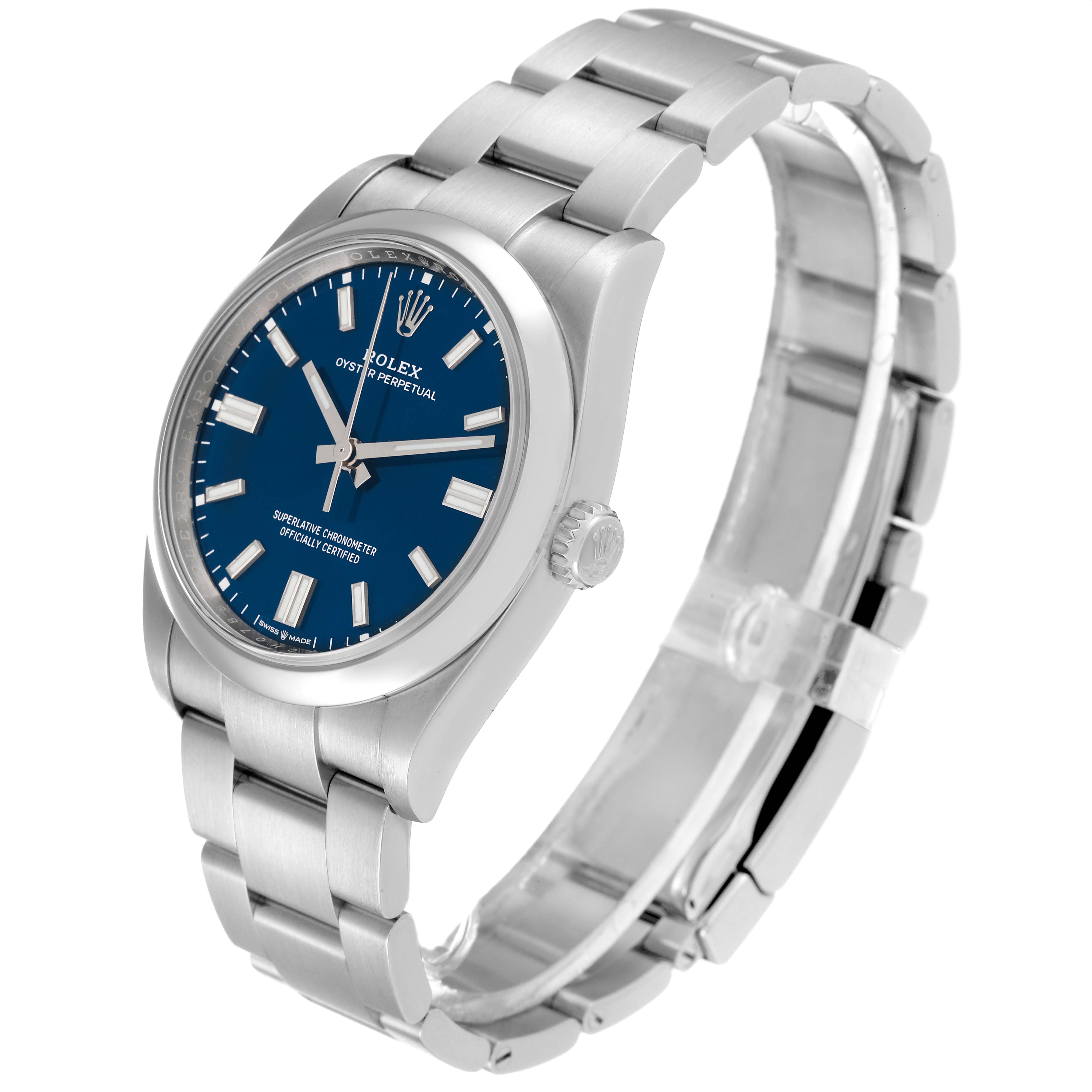 The Rolex Oyster Perpetual 126000 Men
s Stainless Steel Blue Dial 126000 Men
s Stainless Steel Blue Dial watch is shown at a slight angle, highlighting the blue dial, crown, case, and bracelet.