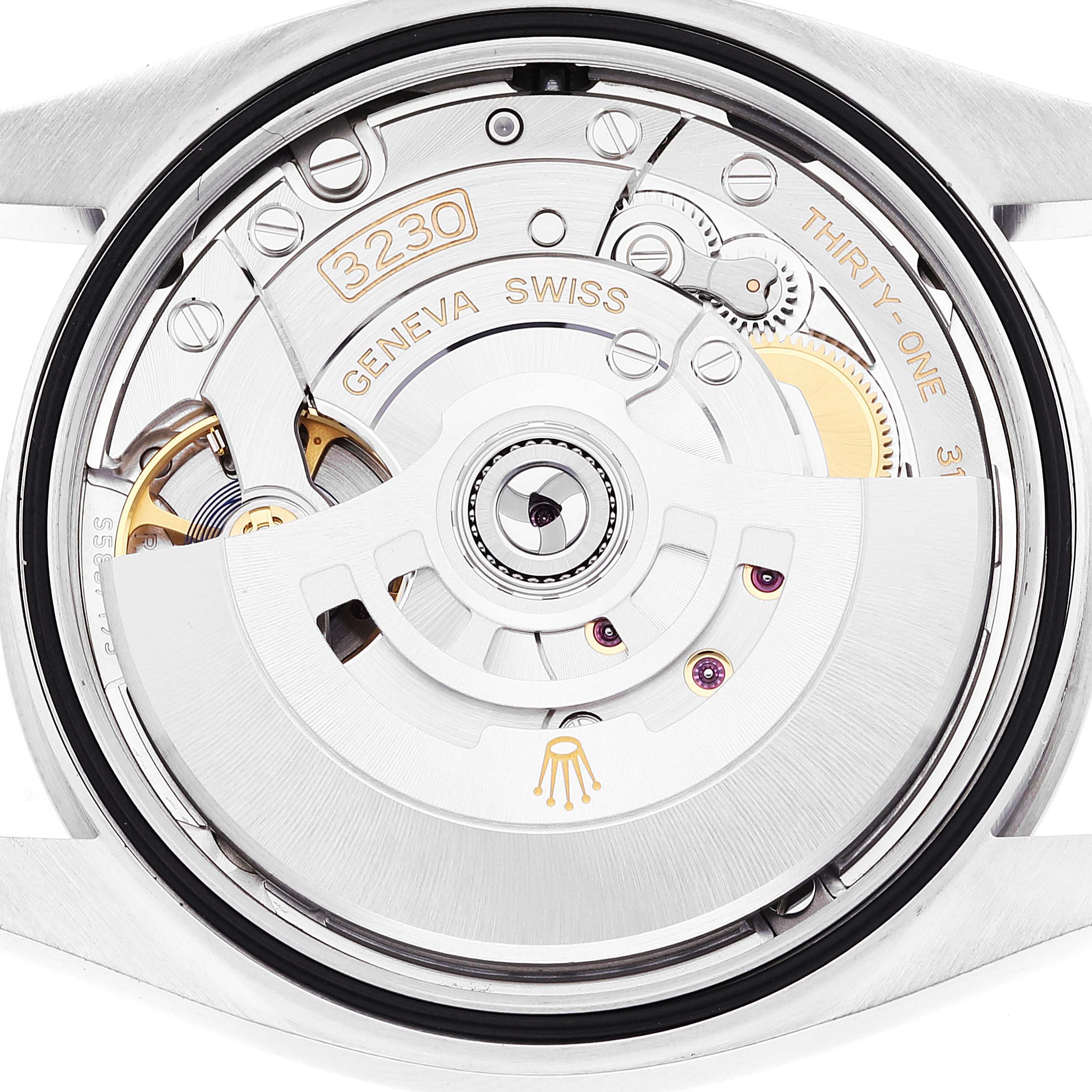 The image shows the open back view of the Rolex Oyster Perpetual 126000 Men
s Stainless Steel Blue Dial 126000 Men
s Stainless Steel Blue Dial model, revealing its intricate mechanical movement.