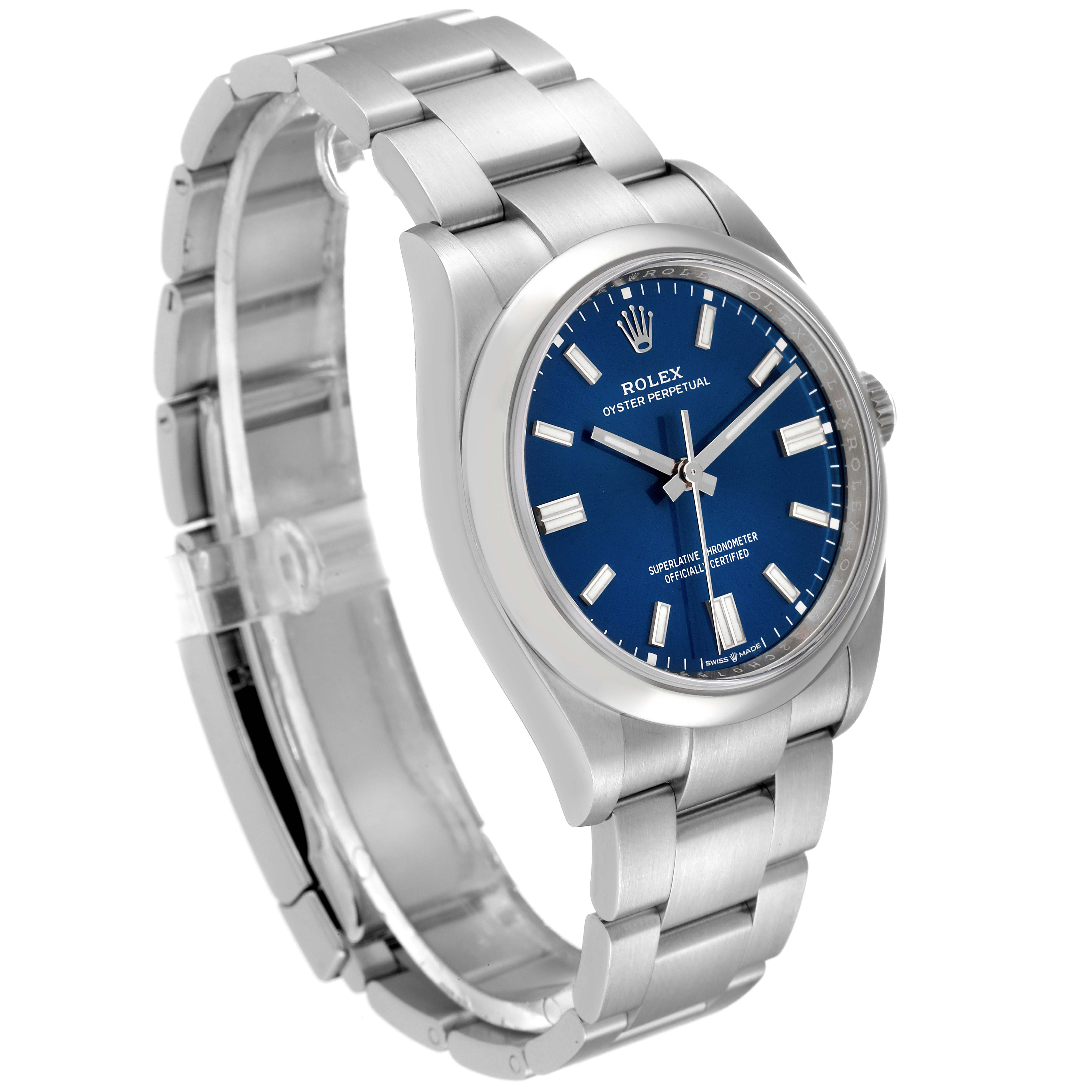The Rolex Oyster Perpetual 126000 Men
s Stainless Steel Blue Dial 126000 Men
s Stainless Steel Blue Dial watch is shown at a three-quarter angle, displaying the face, bezel, and bracelet.