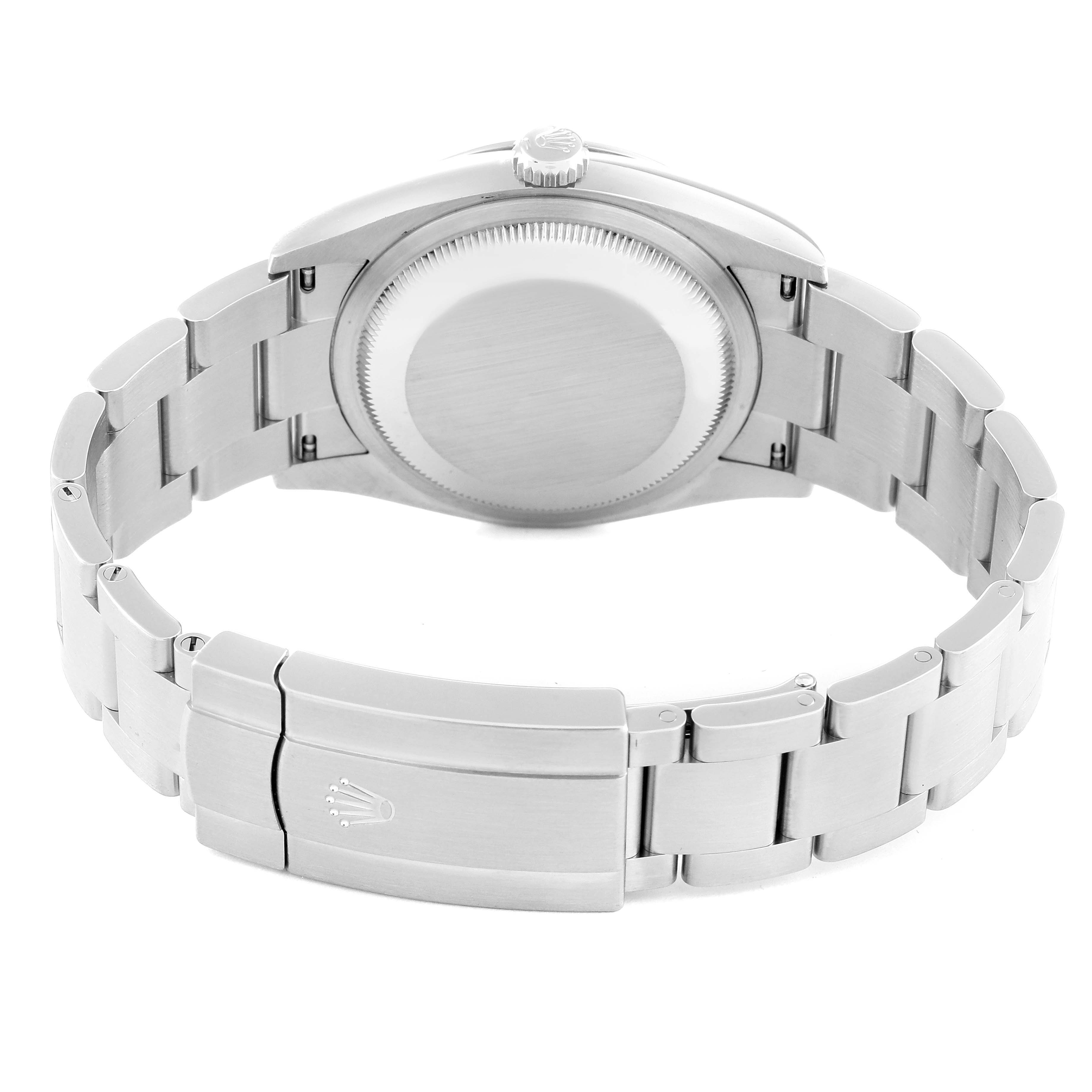 This image shows the back and clasp of a Rolex Oyster Perpetual 126000 Men
s Stainless Steel Blue Dial 126000 Men
s Stainless Steel Blue Dial watch, viewed from a slightly angled perspective.