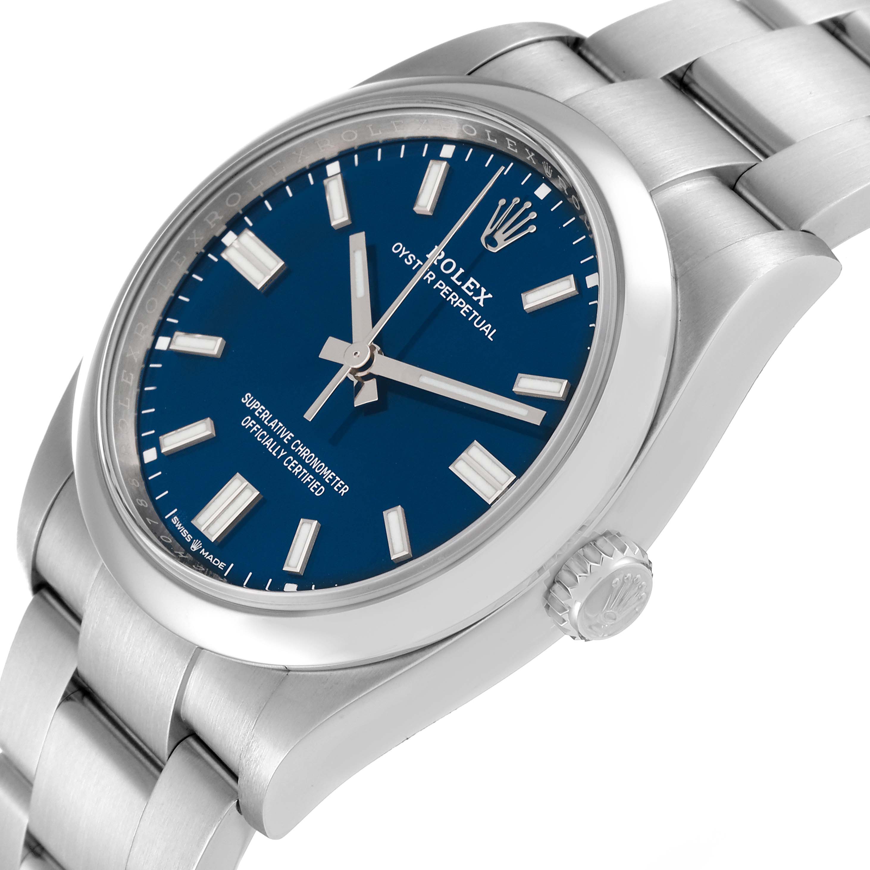 This image shows a Rolex Oyster Perpetual 126000 Men
s Stainless Steel Blue Dial 126000 Men
s Stainless Steel Blue Dial model watch at an oblique angle, highlighting the face, dial, and part of the bracelet.
