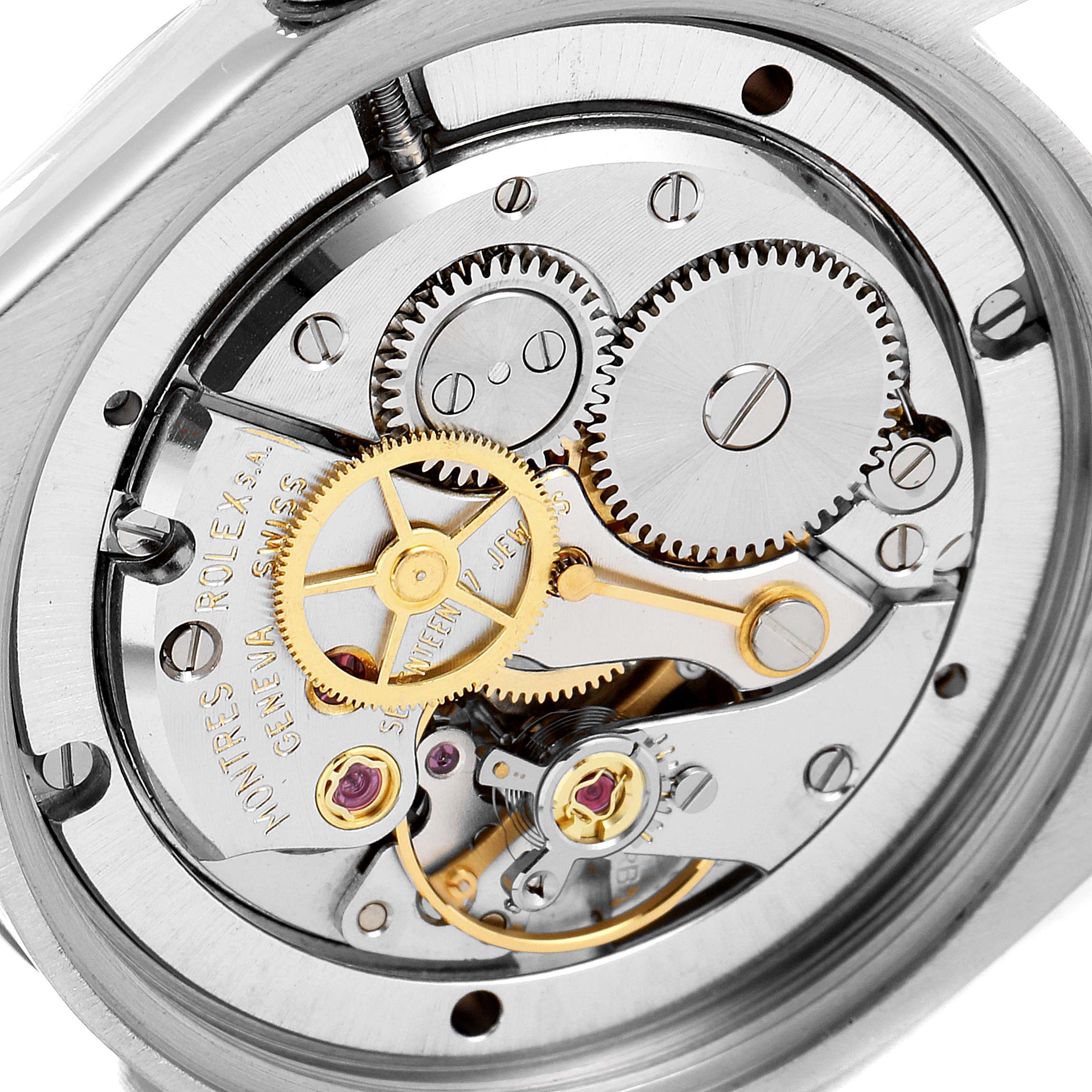 This close-up shows the internal mechanism and gears of the Rolex Vintage Collection 6694 Men
s Stainless Steel Silver Dial 6694 Men
s Stainless Steel Silver Dial model from the back.