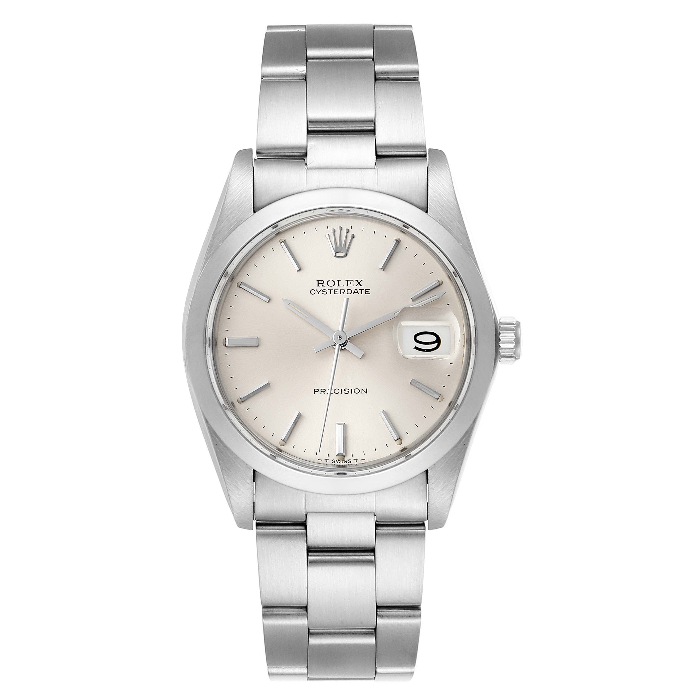 This image shows a front view of the Rolex Vintage Collection 6694 Men
s Stainless Steel Silver Dial 6694 Men
s Stainless Steel Silver Dial Oysterdate watch, displaying the dial, case, and metal bracelet.