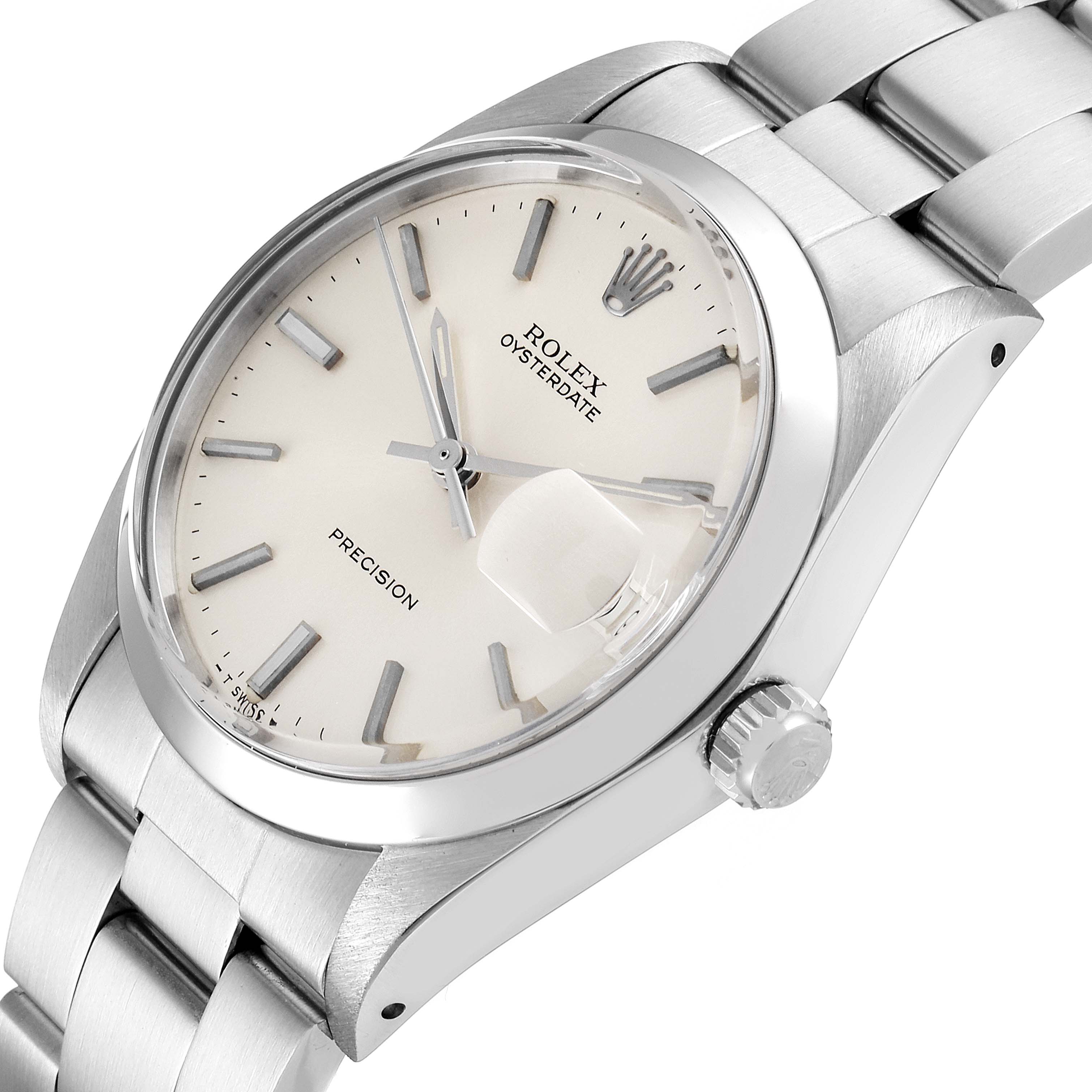 The Rolex Vintage Collection 6694 Men
s Stainless Steel Silver Dial 6694 Men
s Stainless Steel Silver Dial Precision Oysterdate is shown at a slight angle, highlighting its dial, crown, and metal bracelet.
