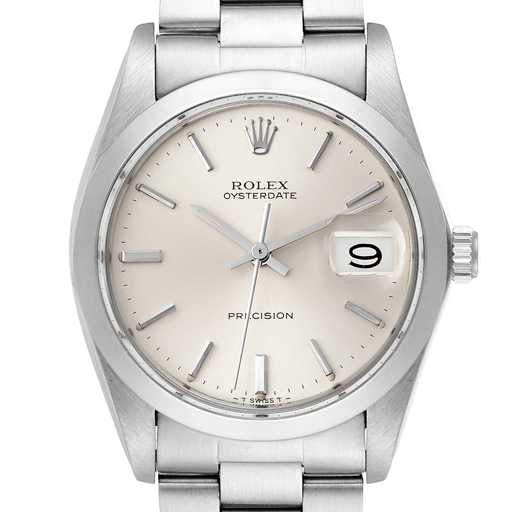 The image shows a frontal view of the Rolex Vintage Collection 6694 Men
s Stainless Steel Silver Dial 6694 Men
s Stainless Steel Silver Dial Oysterdate watch, highlighting the dial, hands, and date window.