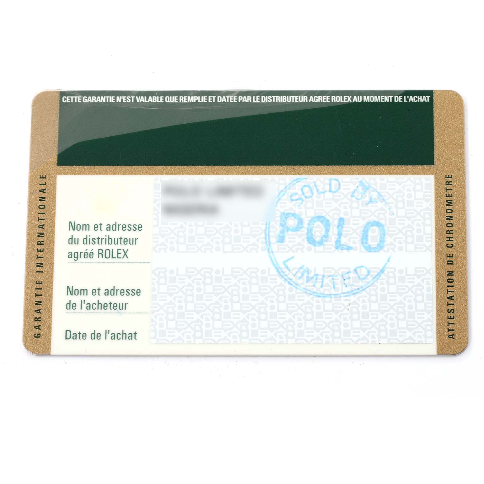 This image shows an international warranty card for a Rolex President 178288 Women's Yellow Gold Champagne Dial 178288 Women's Yellow Gold Champagne Dial model, with sections for distributor and buyer information.