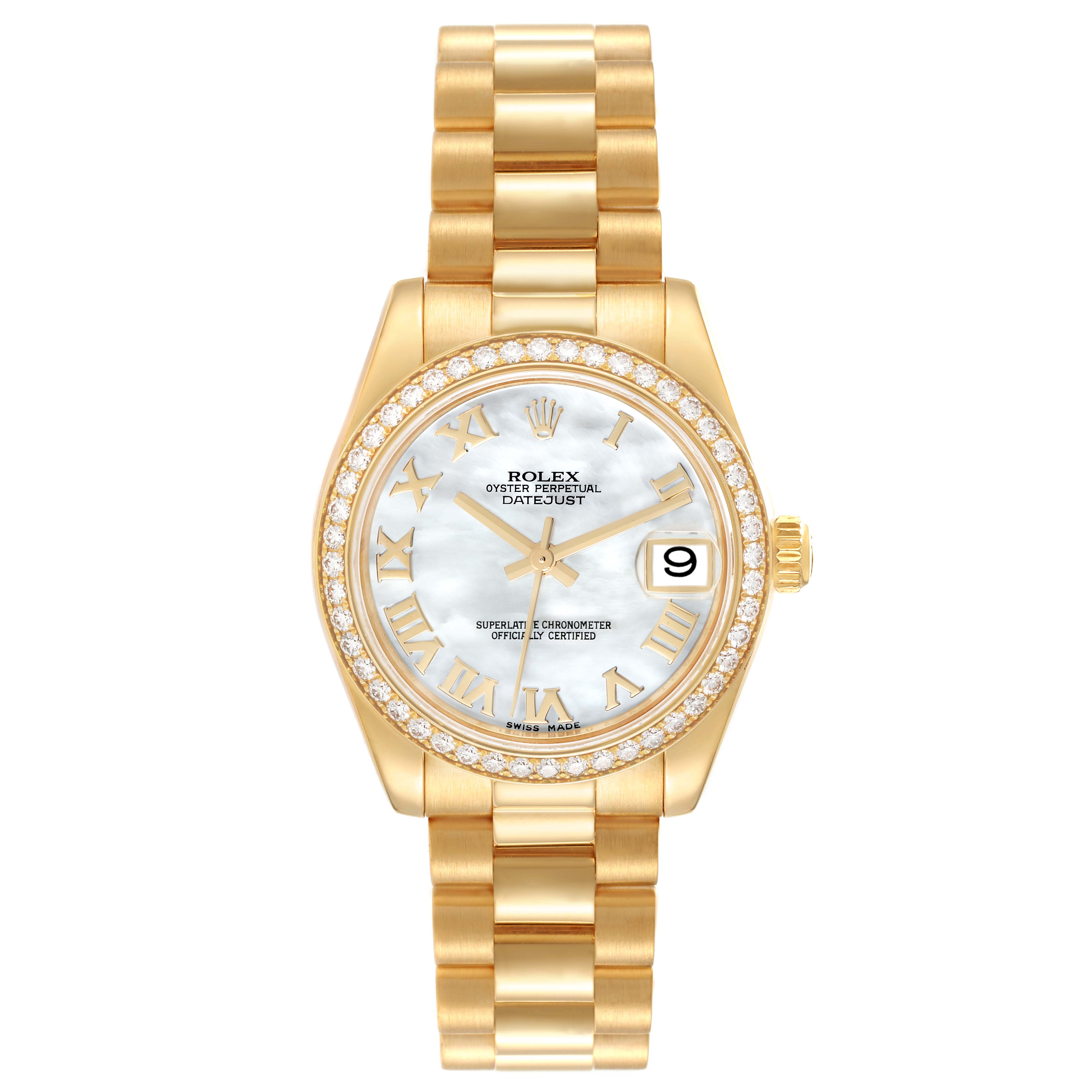 This image shows a front view of a Rolex President 178288 Women's Yellow Gold Champagne Dial 178288 Women's Yellow Gold Champagne Dial model watch, showcasing the dial, bezel, and bracelet.