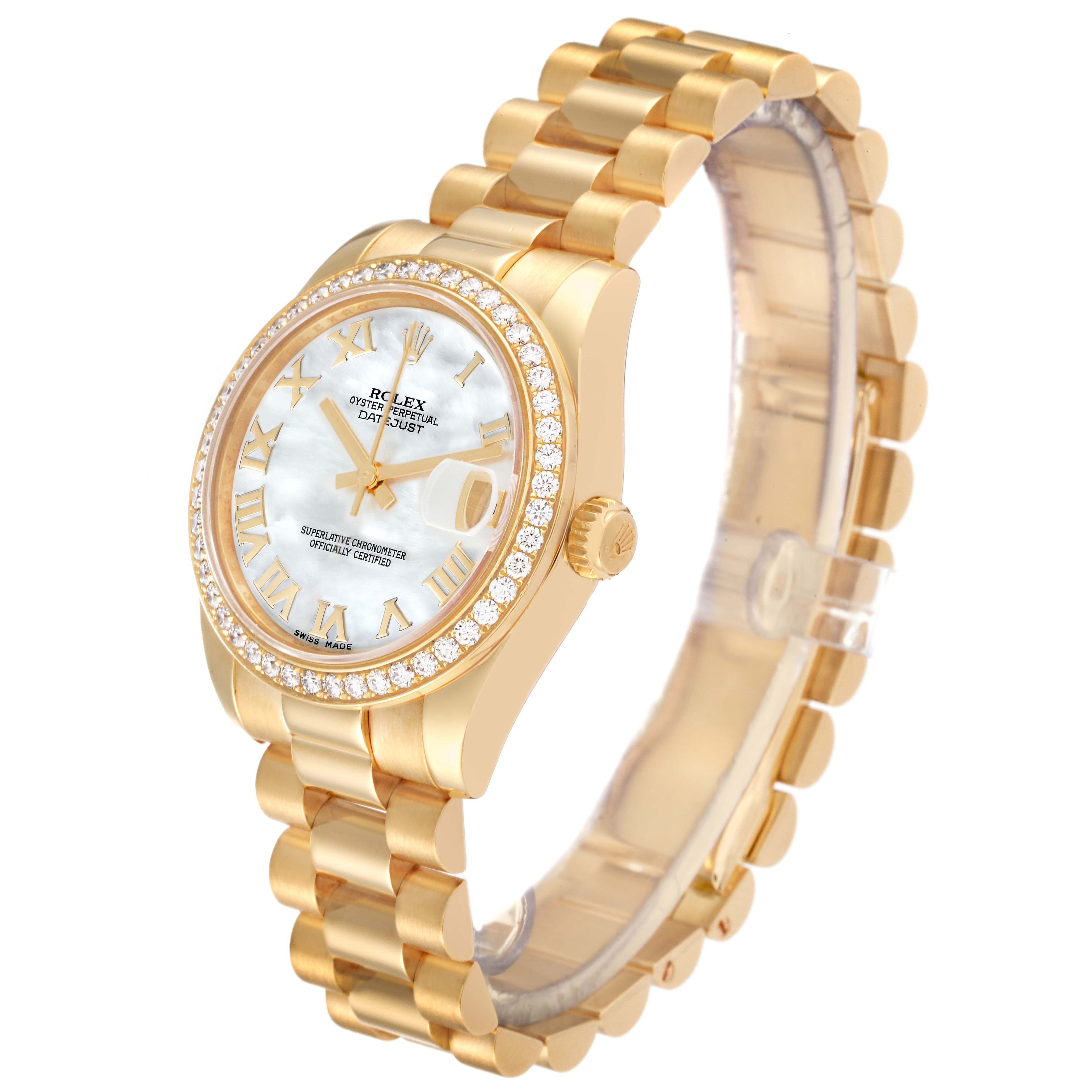 The image shows a side angle view of the Rolex President 178288 Women's Yellow Gold Champagne Dial 178288 Women's Yellow Gold Champagne Dial model watch, showcasing the face, bezel, and bracelet.