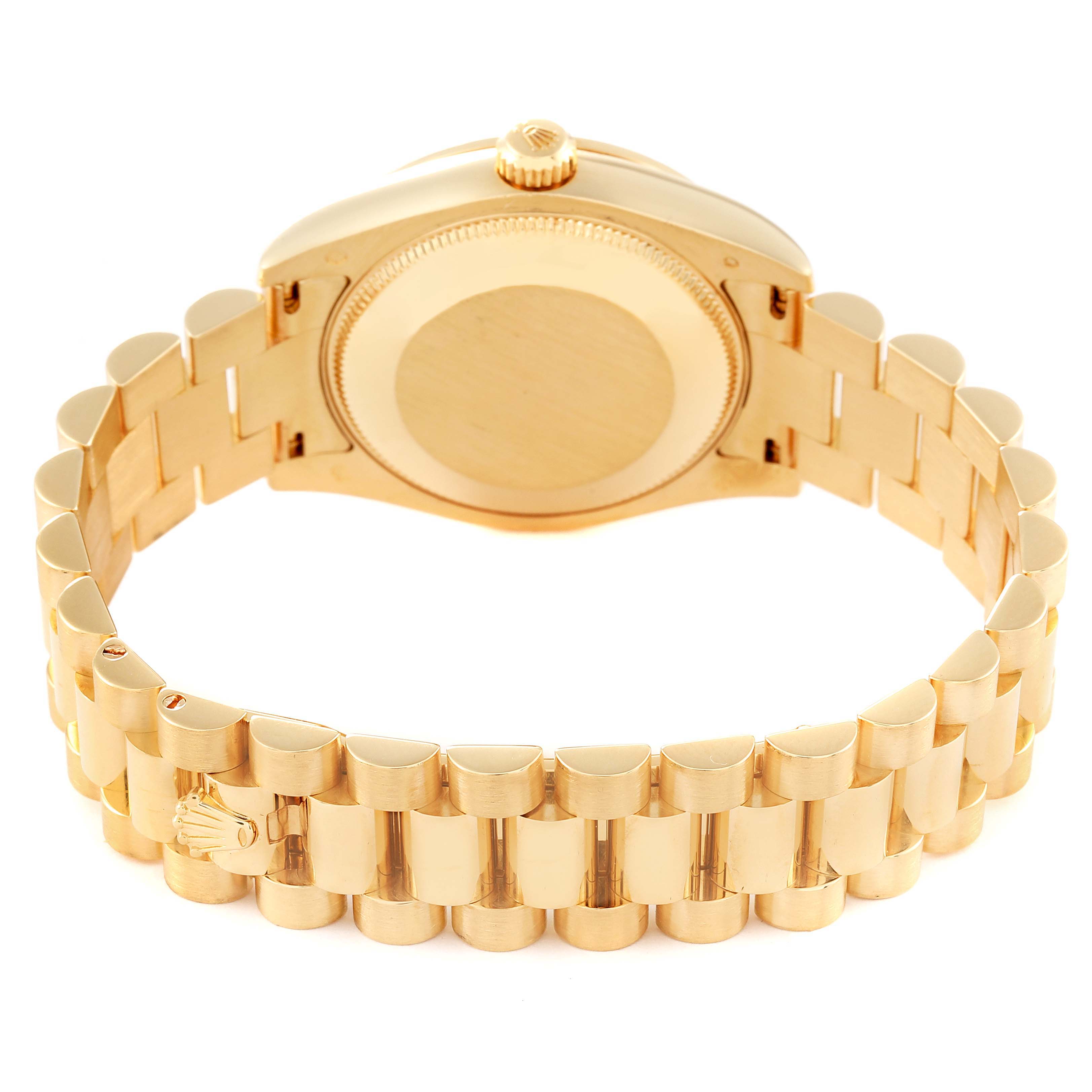 This image shows the back and bracelet of a Rolex President 178288 Women's Yellow Gold Champagne Dial 178288 Women's Yellow Gold Champagne Dial model watch, highlighting its gold links and clasp.