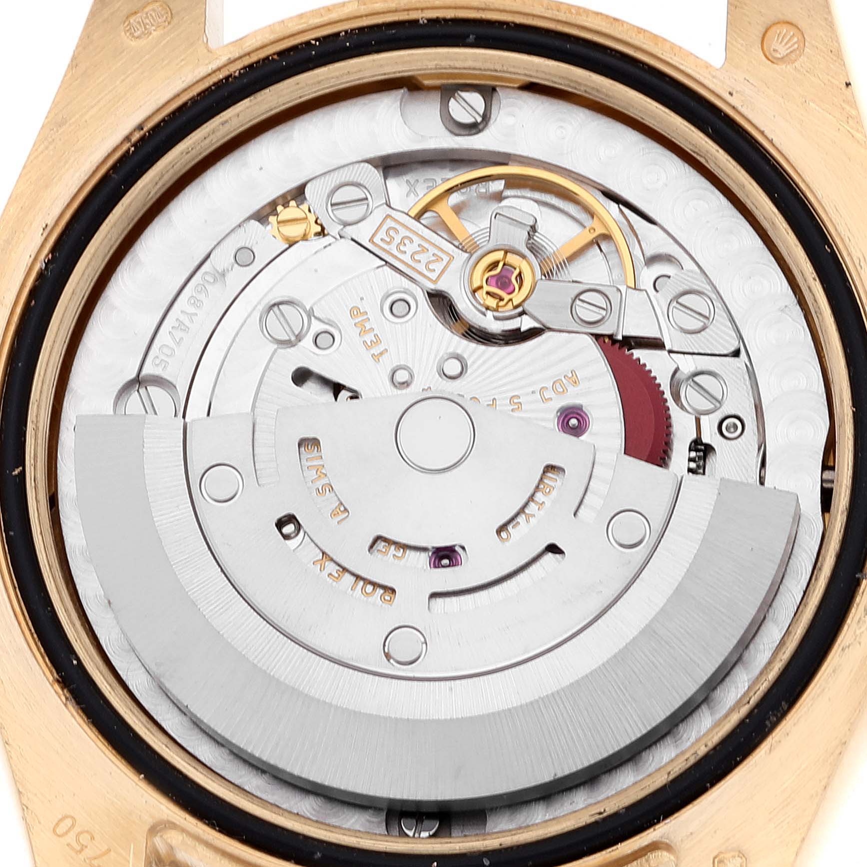 This is a close-up image of the movement inside a Rolex President 178288 Women's Yellow Gold Champagne Dial 178288 Women's Yellow Gold Champagne Dial model watch.