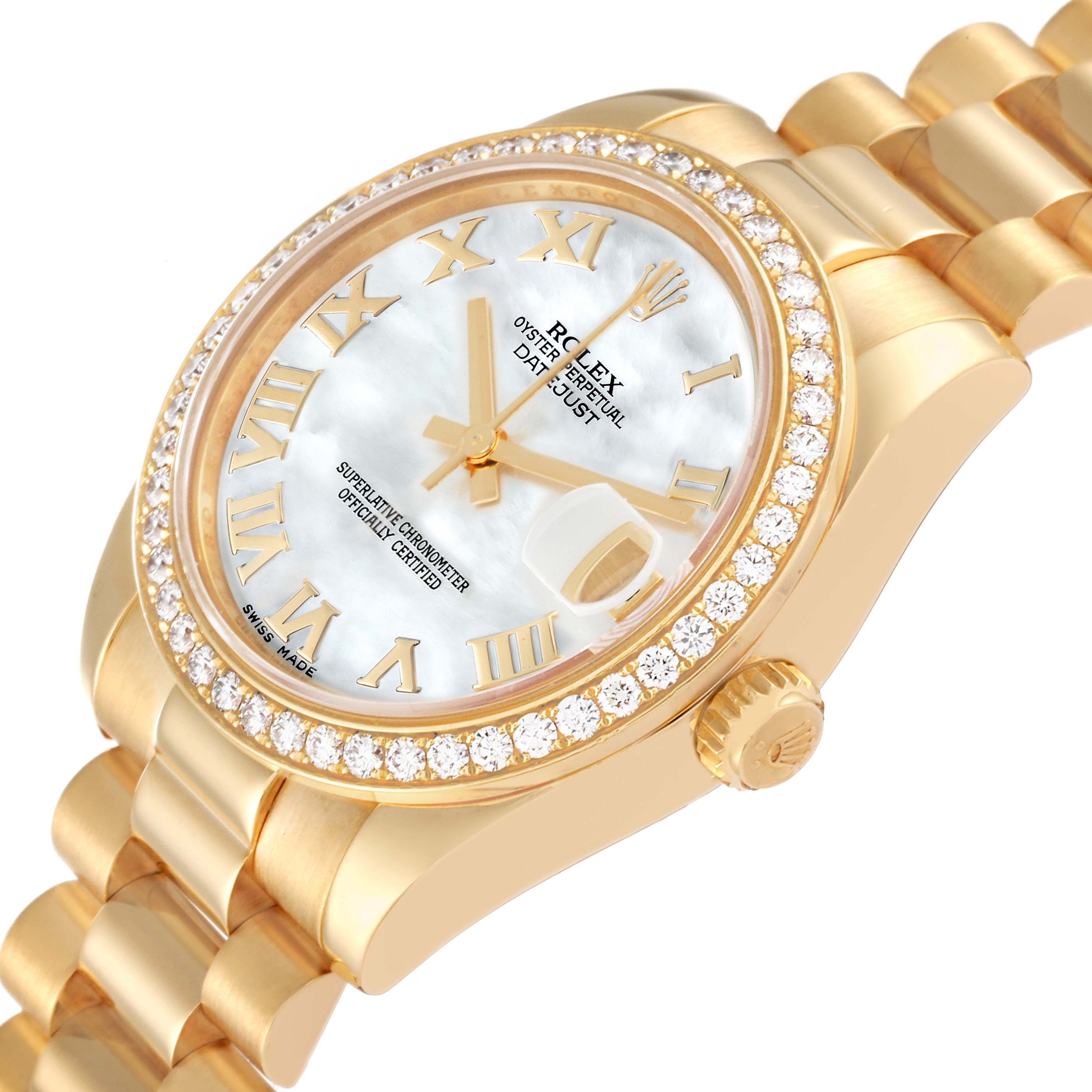 The image shows a close-up angle of the Rolex President 178288 Women's Yellow Gold Champagne Dial 178288 Women's Yellow Gold Champagne Dial watch, highlighting the dial, crown, and bracelet.
