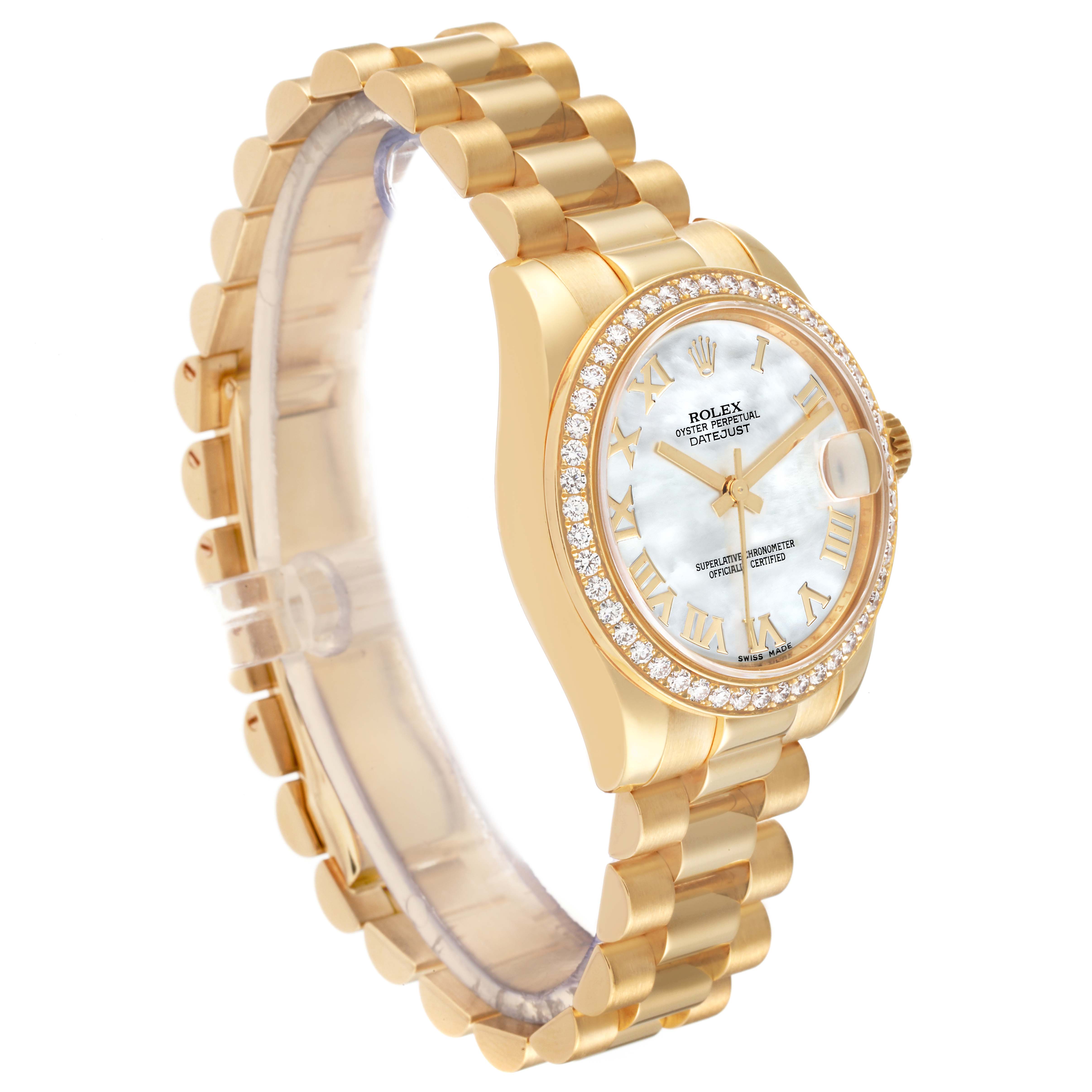 The image shows a side view of a gold Rolex President 178288 Women's Yellow Gold Champagne Dial 178288 Women's Yellow Gold Champagne Dial model watch, highlighting its band, dial, and diamond-encrusted bezel.