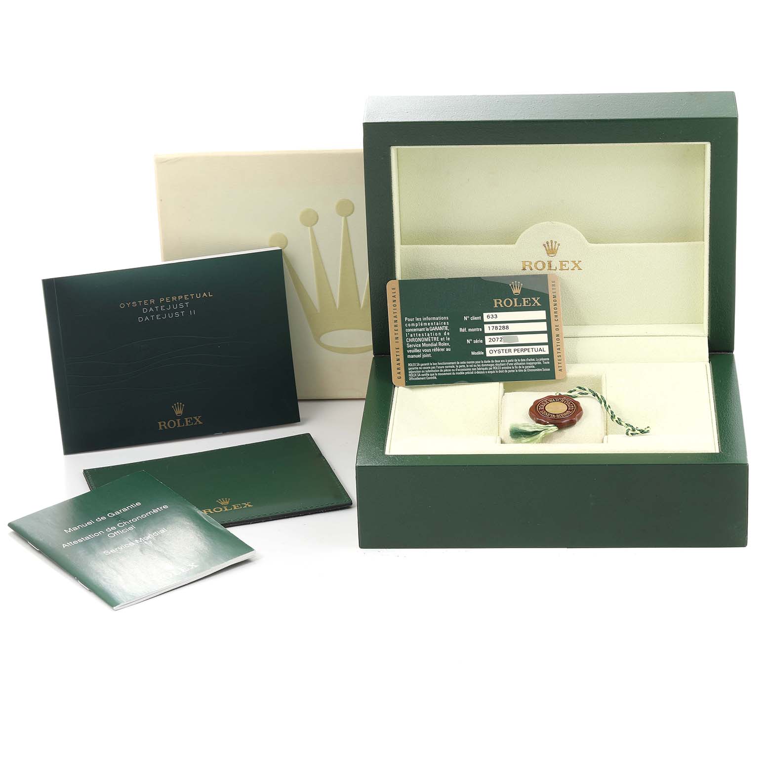 The image shows a Rolex President 178288 Women's Yellow Gold Champagne Dial 178288 Women's Yellow Gold Champagne Dial model watch box, warranty card, manuals, and a tag from a frontal angle.