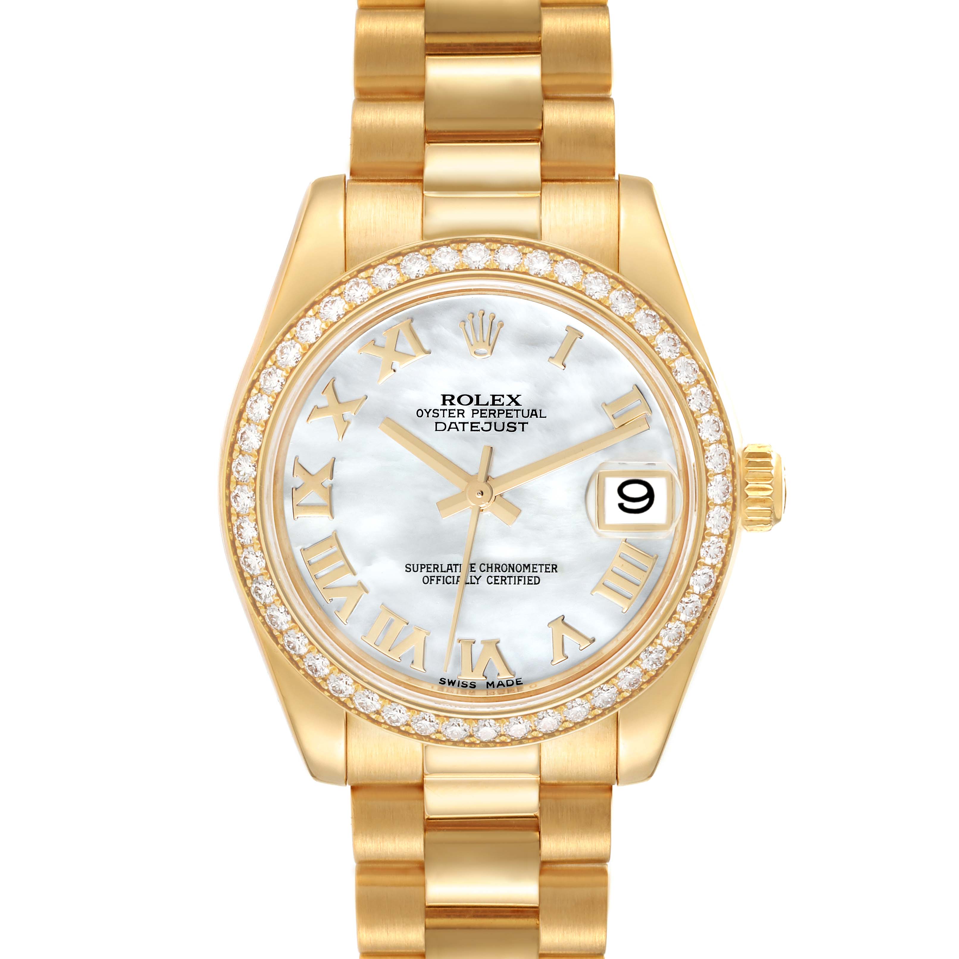 This image shows a Rolex President 178288 Women's Yellow Gold Champagne Dial 178288 Women's Yellow Gold Champagne Dial model watch with a gold case, bracelet, diamond bezel, and Roman numeral dial.