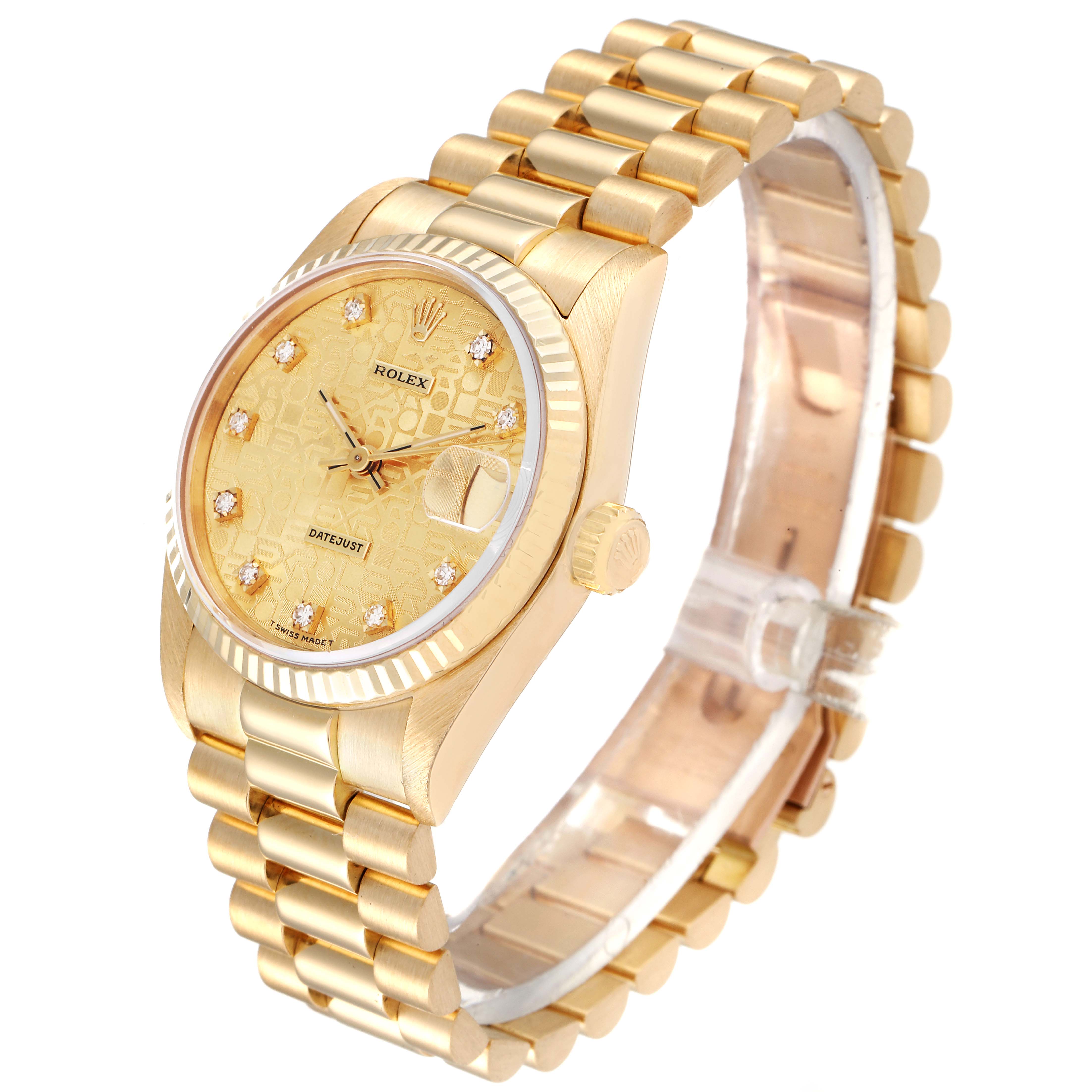 This image shows a gold Rolex President 68278 Women's Yellow Gold Champagne Dial 68278 Women's Yellow Gold Champagne Dial model watch at an angled view, highlighting its dial, fluted bezel, and Presidential bracelet.