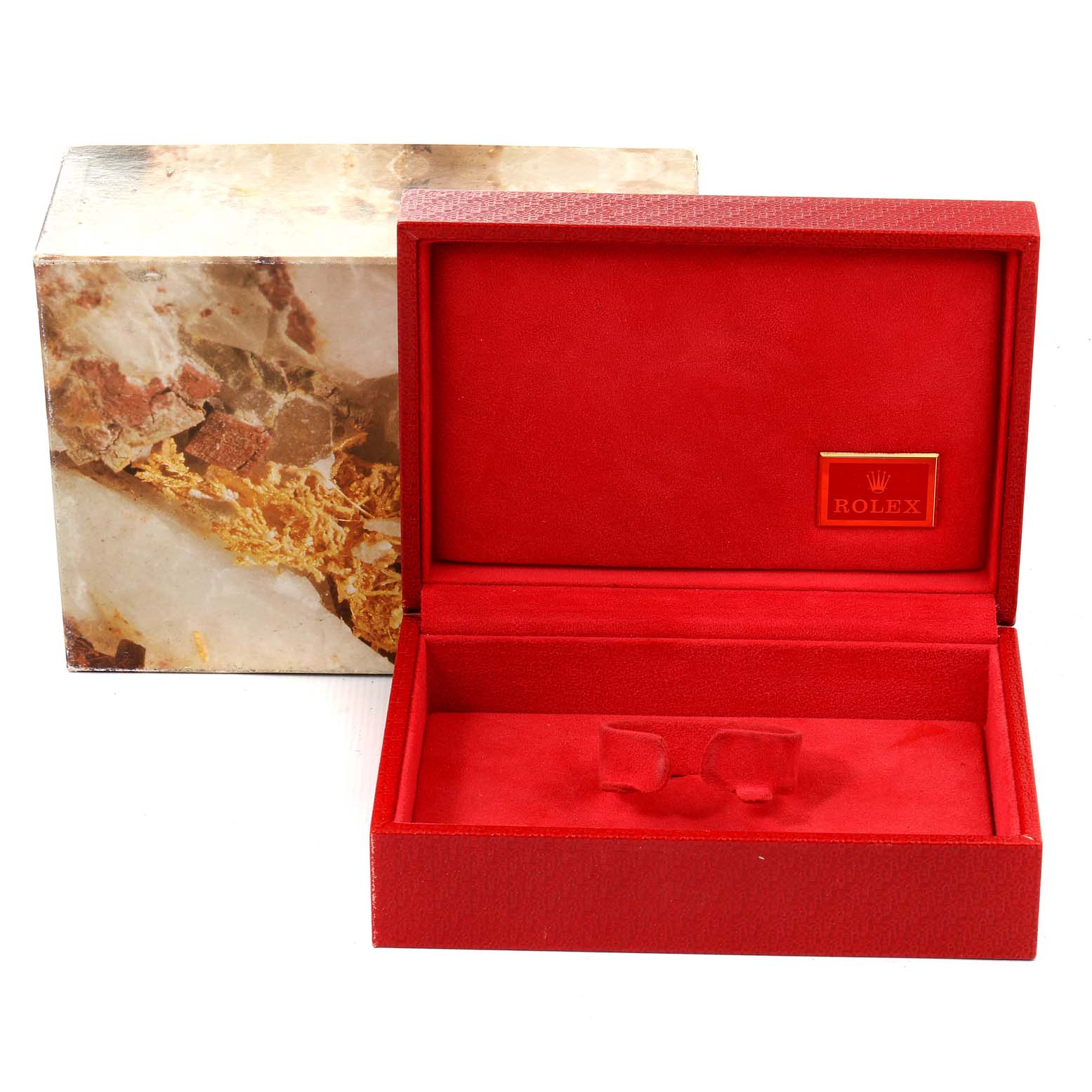The image shows a red Rolex President 68278 Women's Yellow Gold Champagne Dial 68278 Women's Yellow Gold Champagne Dial model watch box with a marble-patterned outer sleeve.