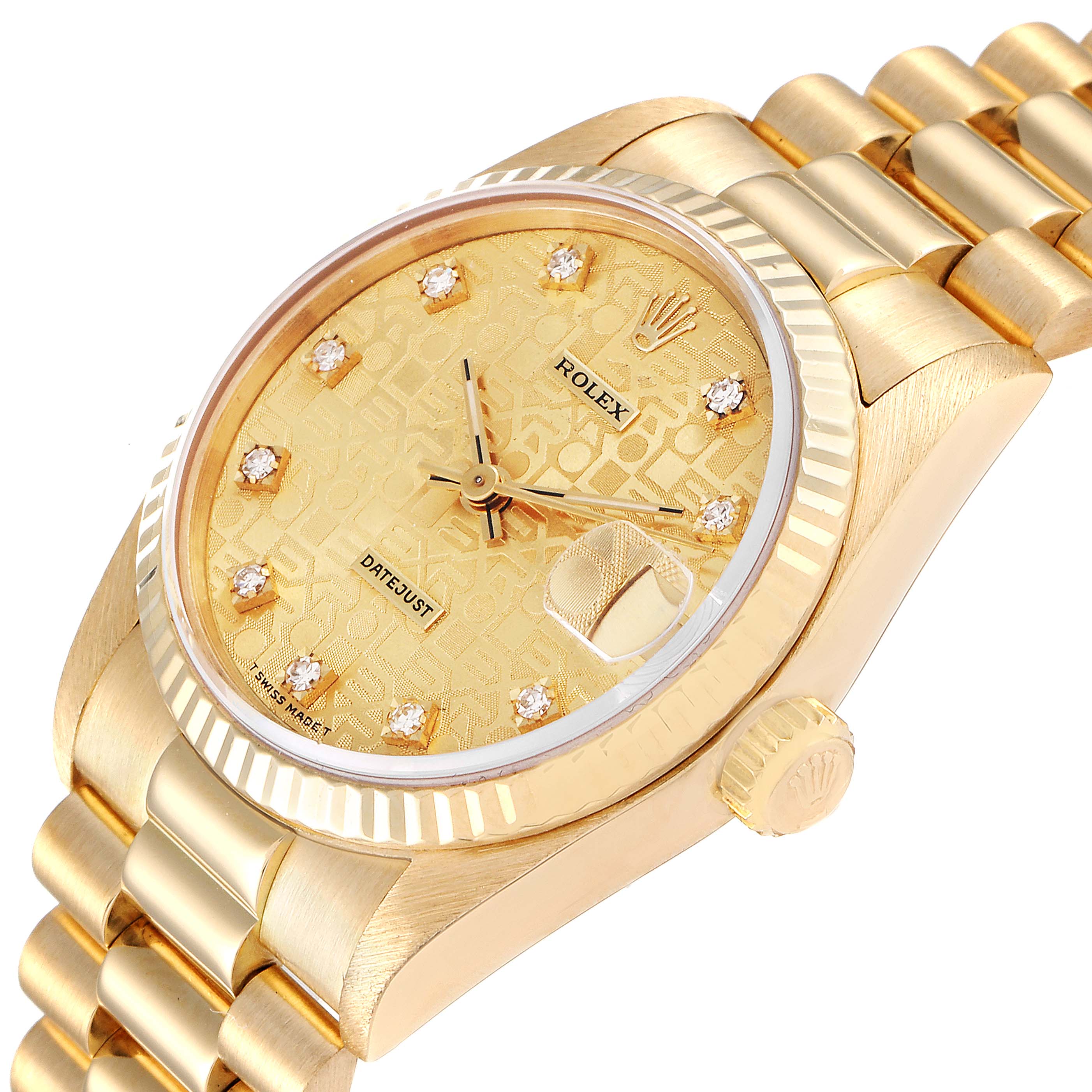 The Rolex President 68278 Women's Yellow Gold Champagne Dial 68278 Women's Yellow Gold Champagne Dial model is shown at an angle, highlighting its gold dial, diamond hour markers, fluted bezel, and linked bracelet.