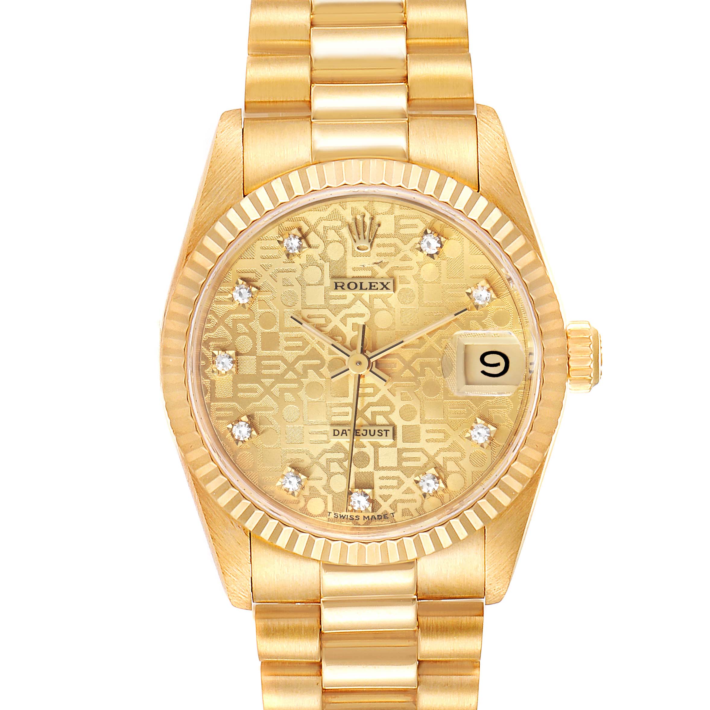 The Rolex President 68278 Women's Yellow Gold Champagne Dial 68278 Women's Yellow Gold Champagne Dial model watch is shown from the front, displaying its gold dial, diamond indices, fluted bezel, and bracelet.