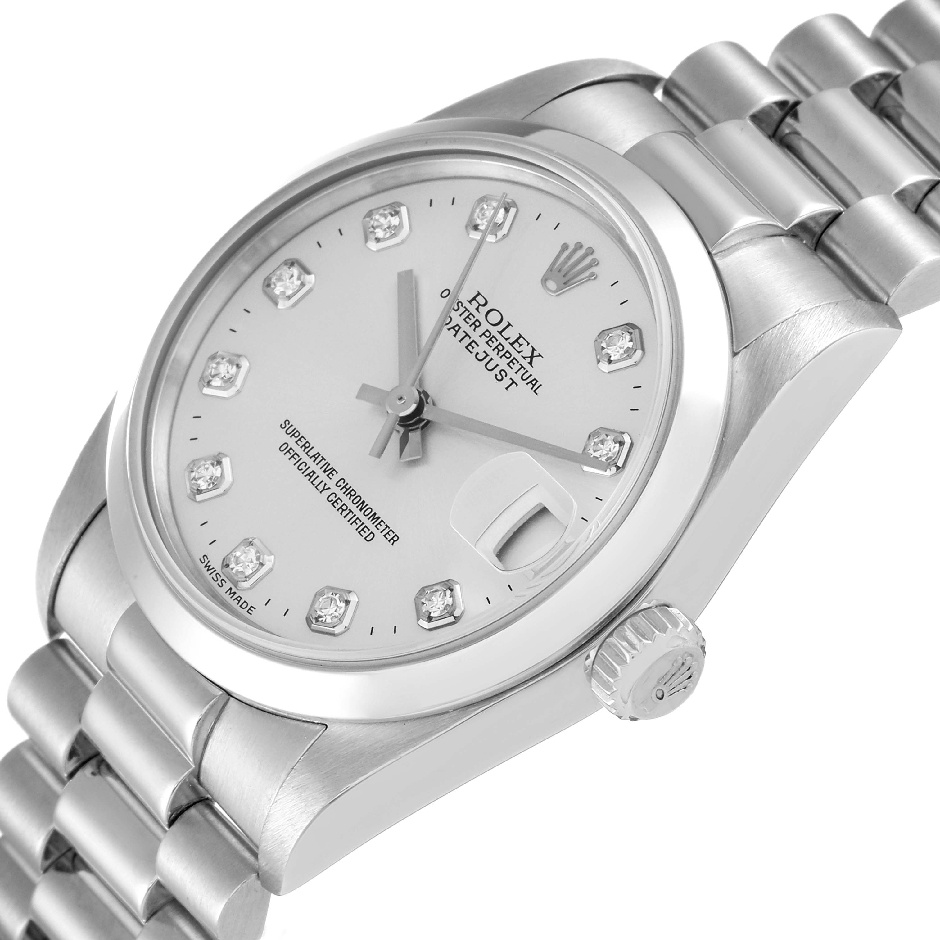 This image shows a close-up angled view of the face, bezel, and part of the bracelet of a Rolex President 78246 Women
s Platinum Silver Dial 78246 Women
s Platinum Silver Dial model watch.