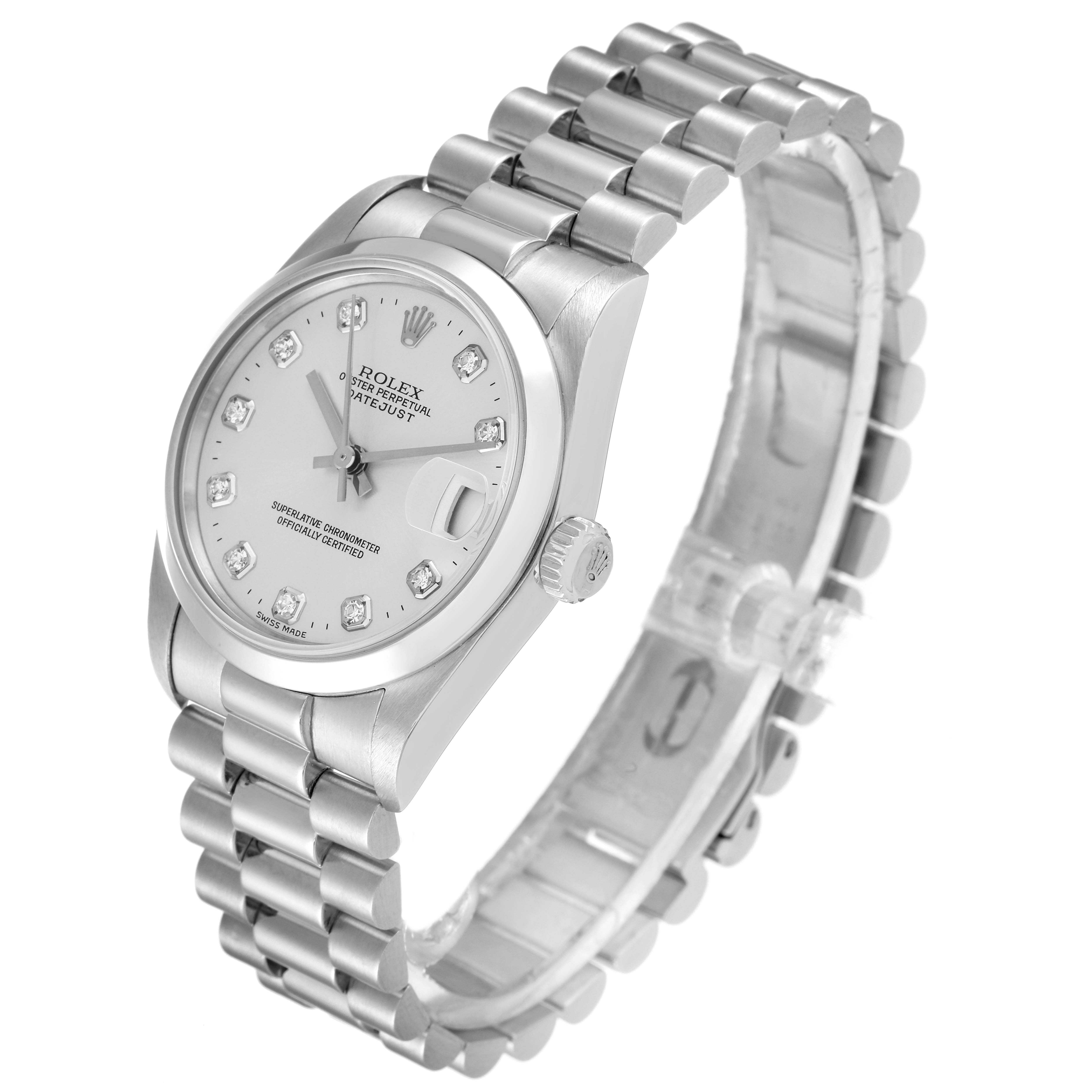 The image displays a Rolex President 78246 Women
s Platinum Silver Dial 78246 Women
s Platinum Silver Dial model watch, shown from an angled side view highlighting the dial, case, crown, and bracelet.