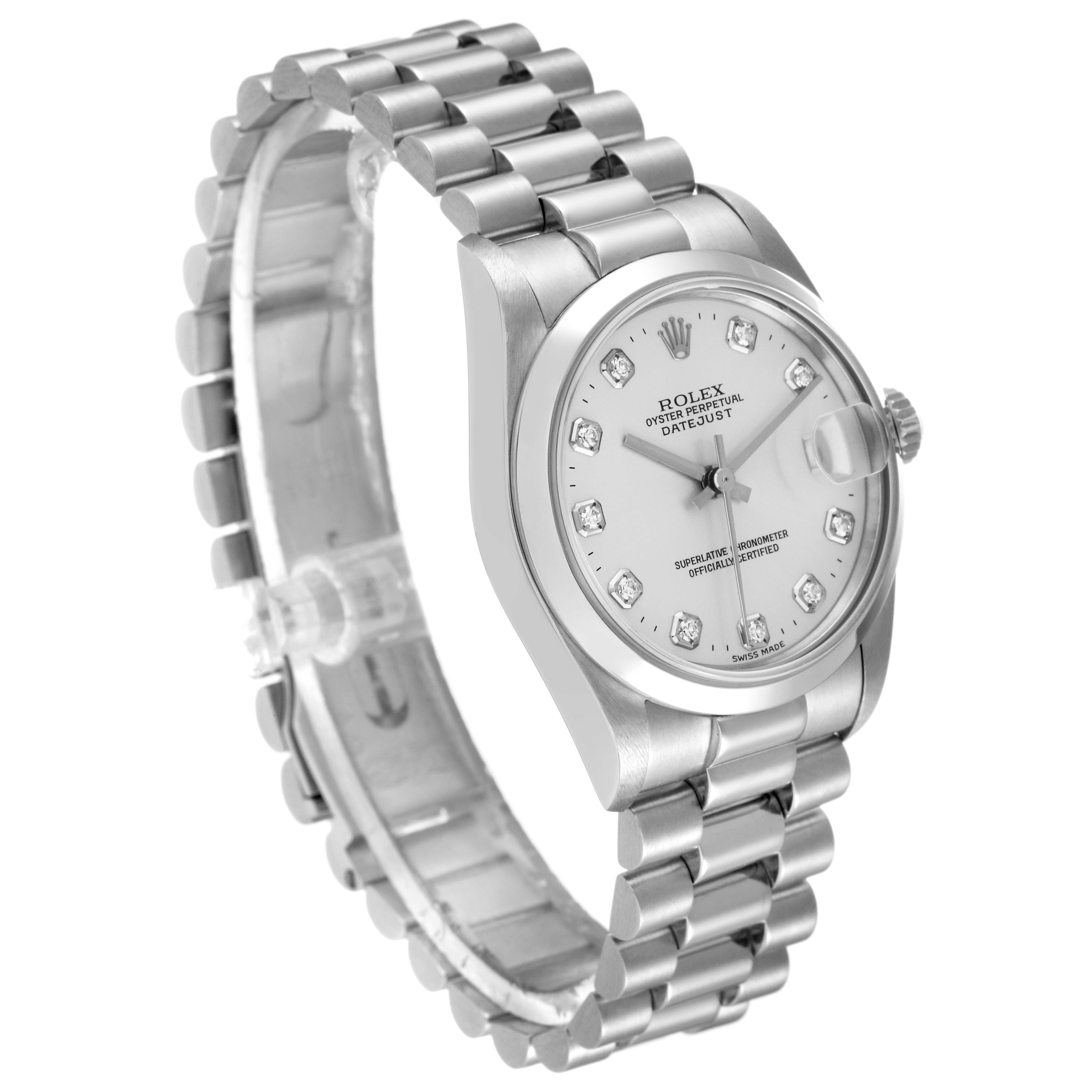 This is a Rolex Datejust President watch shown at a three-quarter angle, highlighting the dial, bezel, bracelet, and crown.