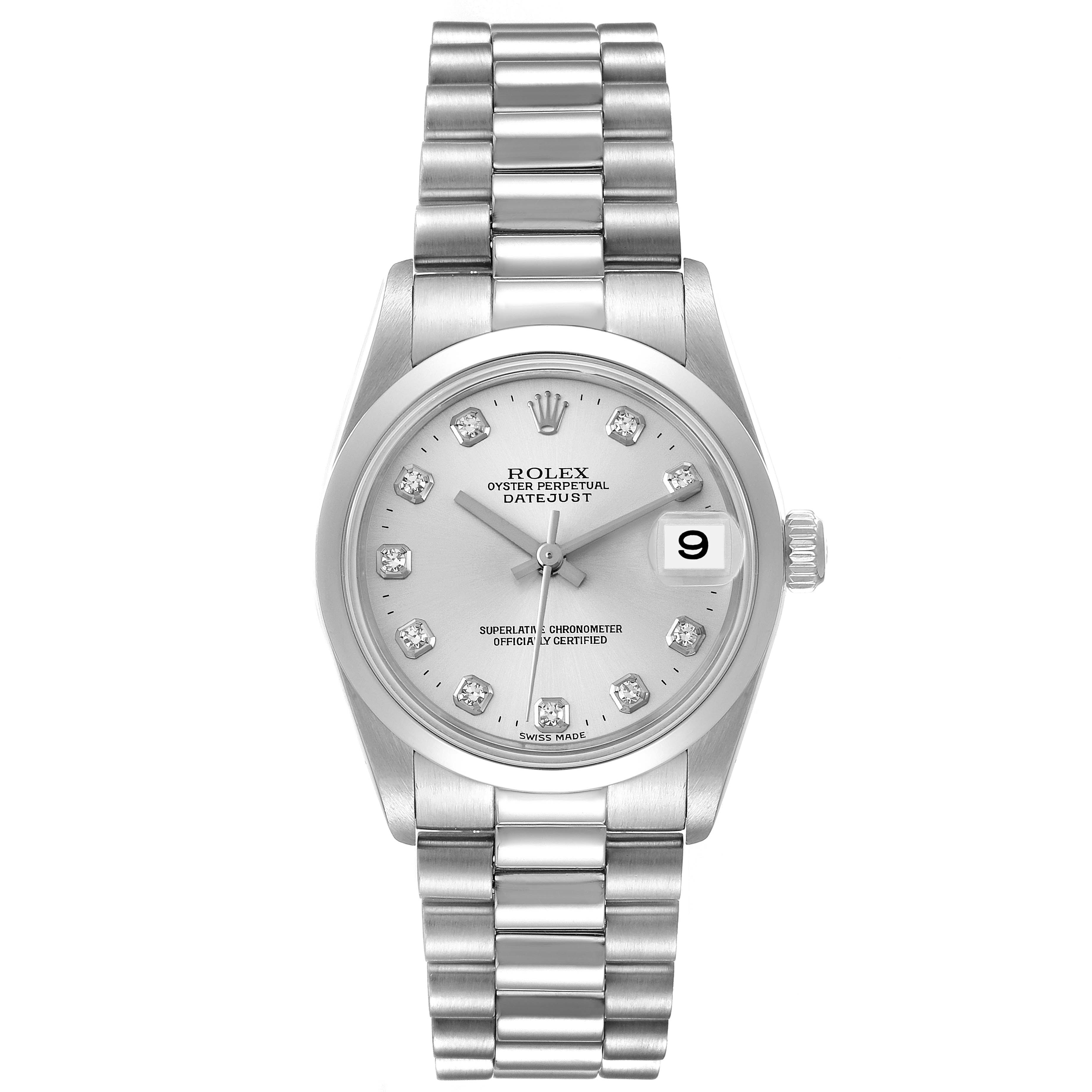 The image shows the front view of a Rolex President 78246 Women
s Platinum Silver Dial 78246 Women
s Platinum Silver Dial model watch, featuring its dial, bracelet, and date display.